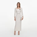 Cream Tailored Boucle Brooch Midi Dress