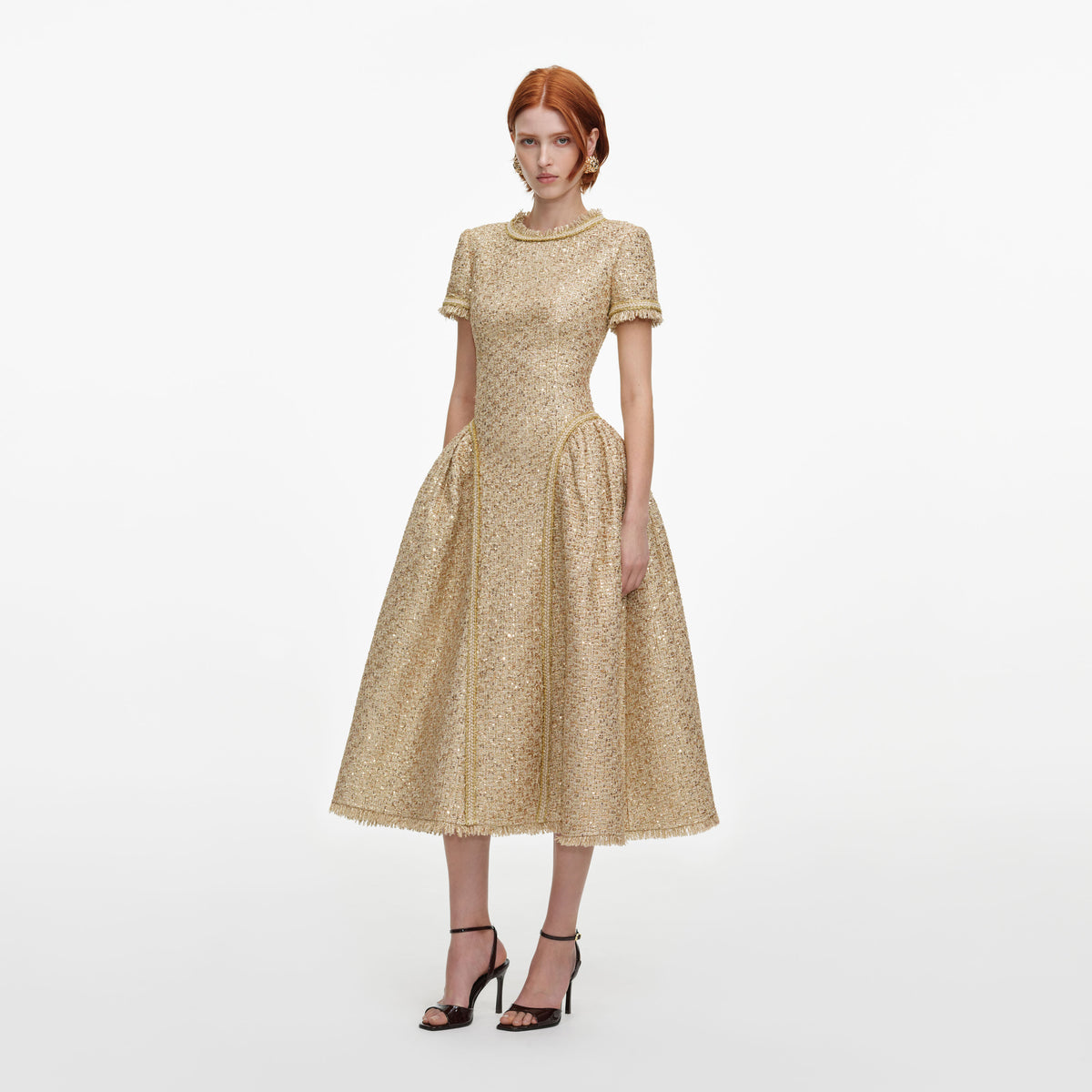 Gold Sequin Boucle Midi Dress