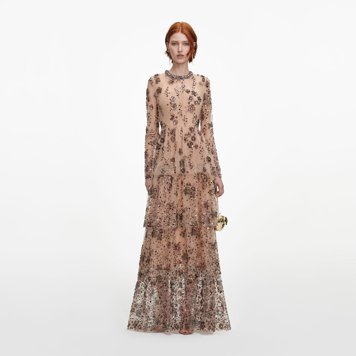 Beige Sequin Embellished Tiered Maxi Dress