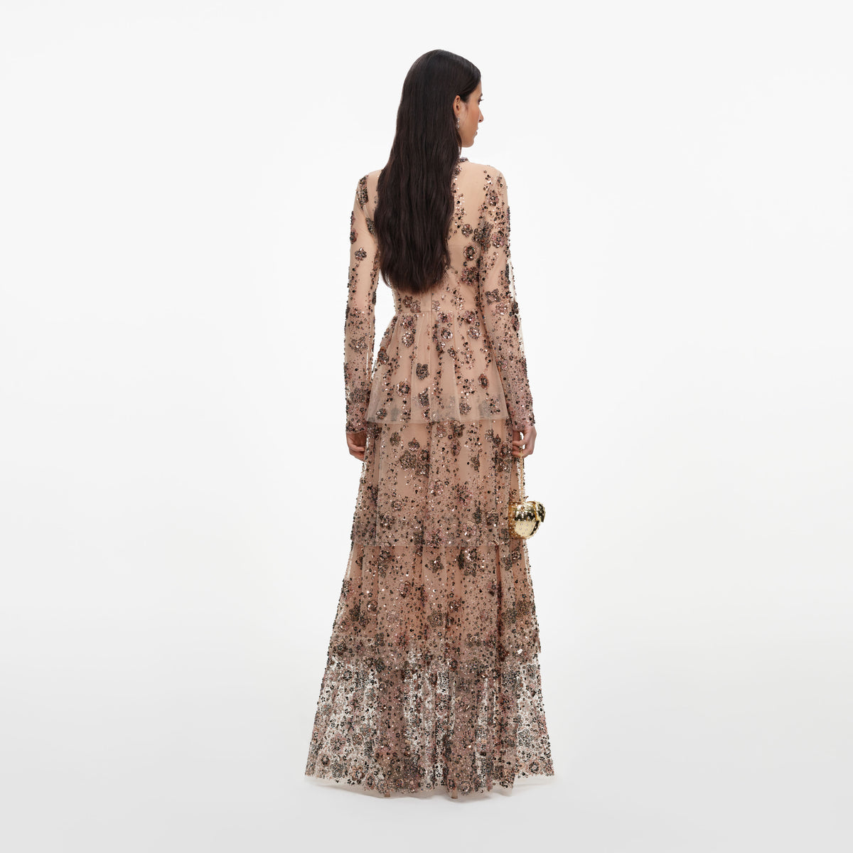 Beige Sequin Embellished Tiered Maxi Dress