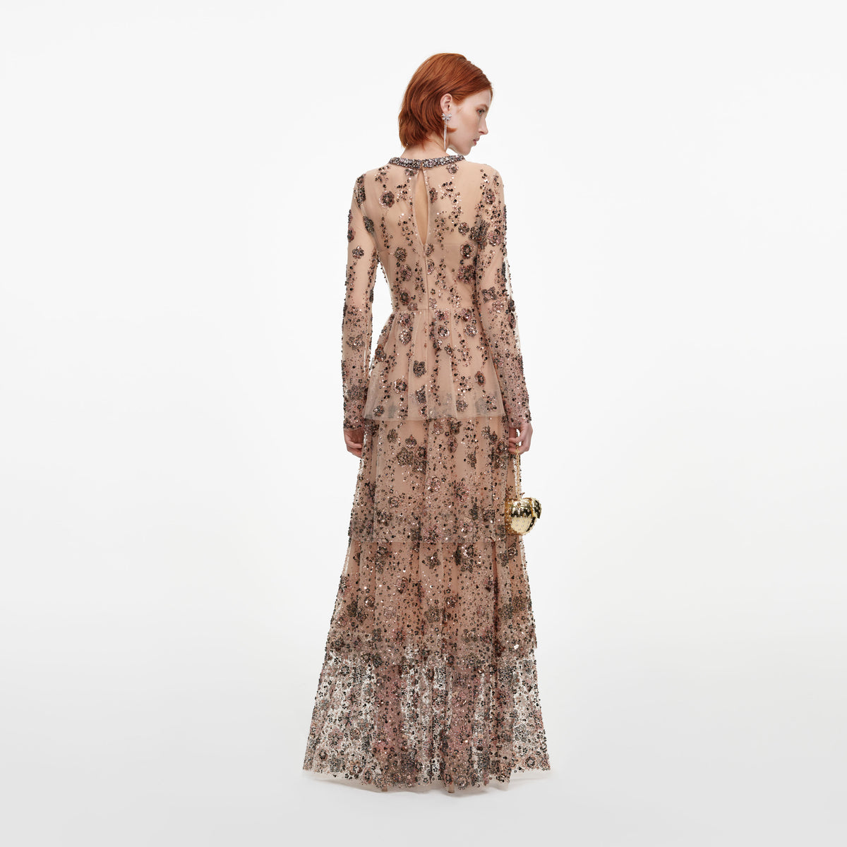 Beige Sequin Embellished Tiered Maxi Dress
