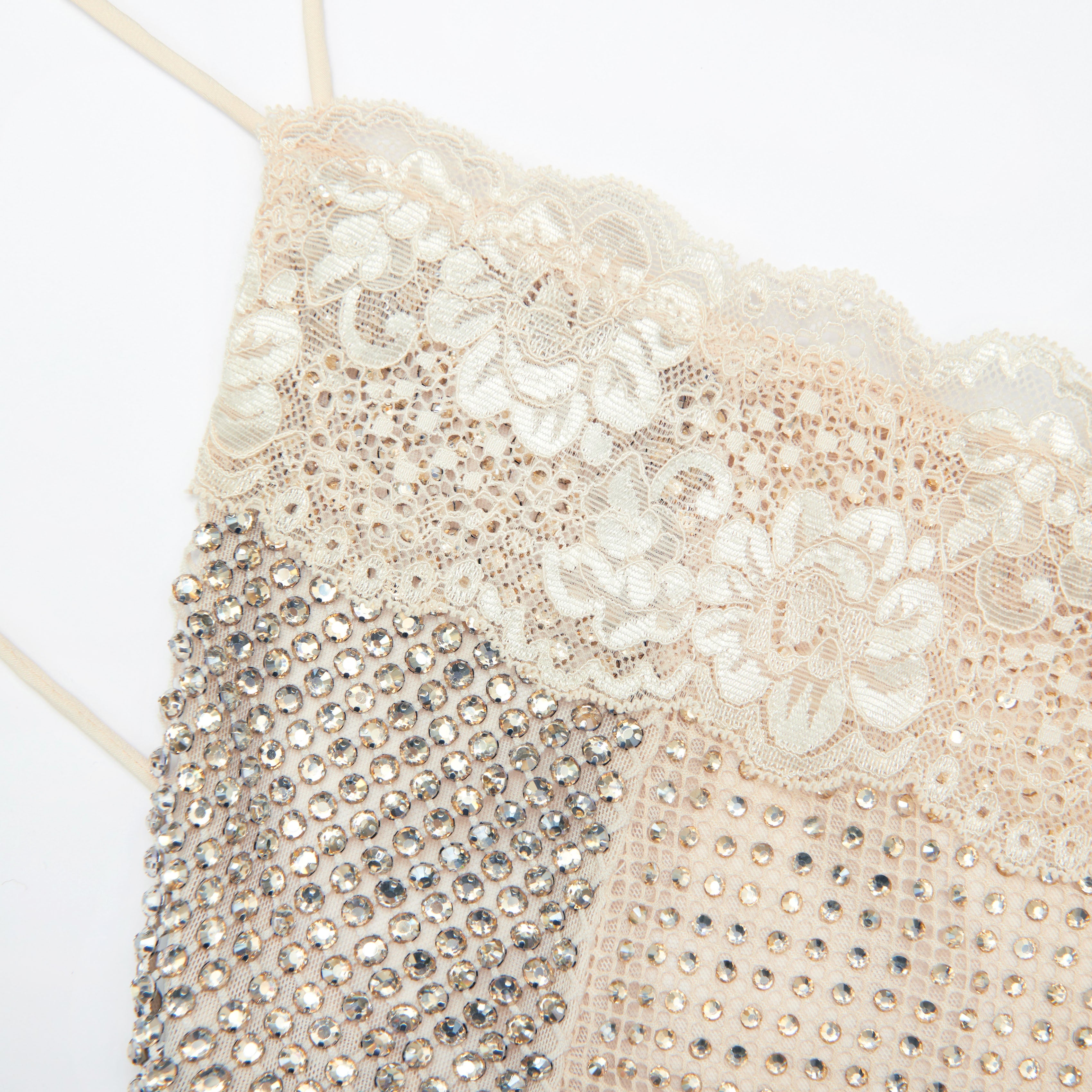 Champagne Rhinestone Lace Trim Maxi Dress