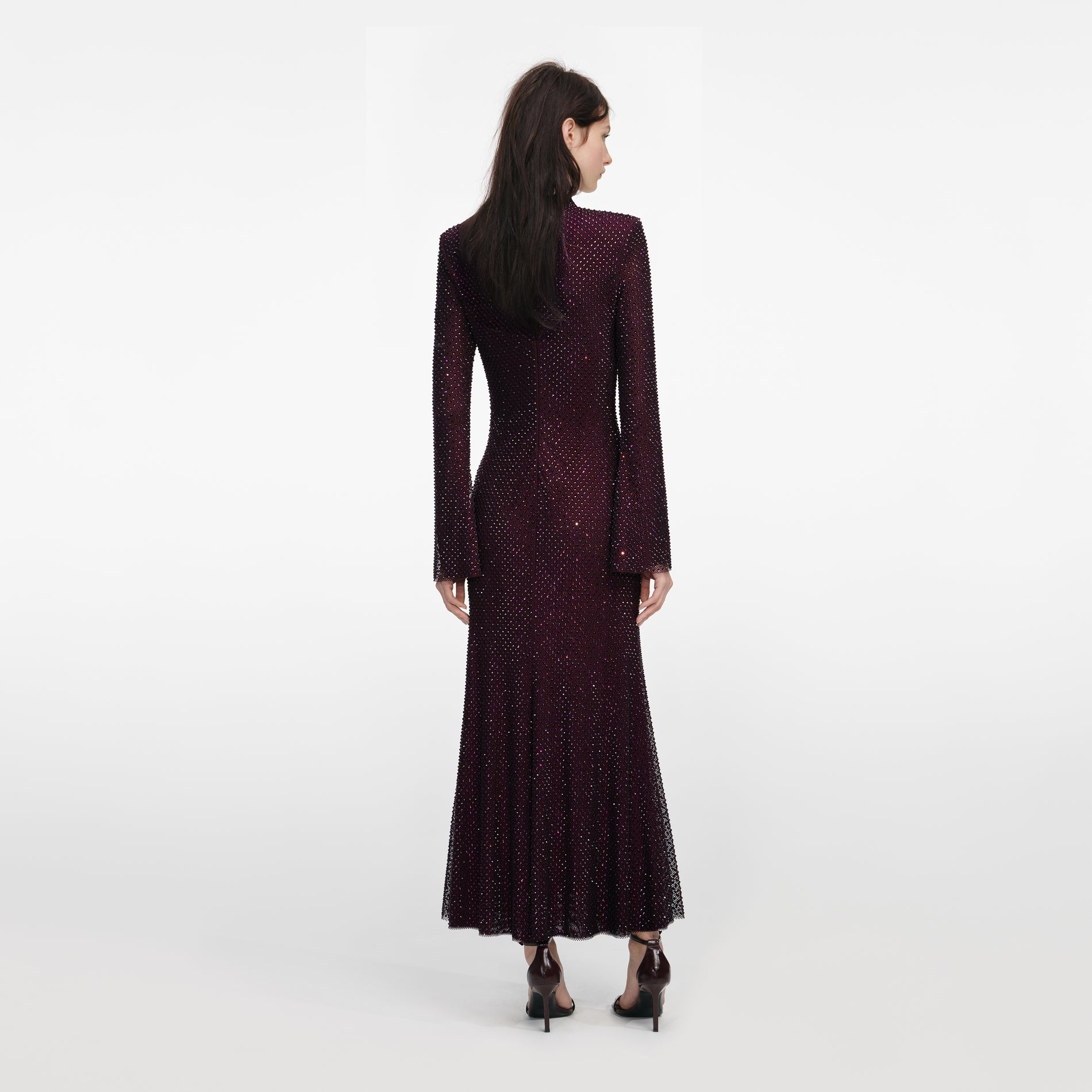 Burgundy Rhinestone Fishnet Midi Dress