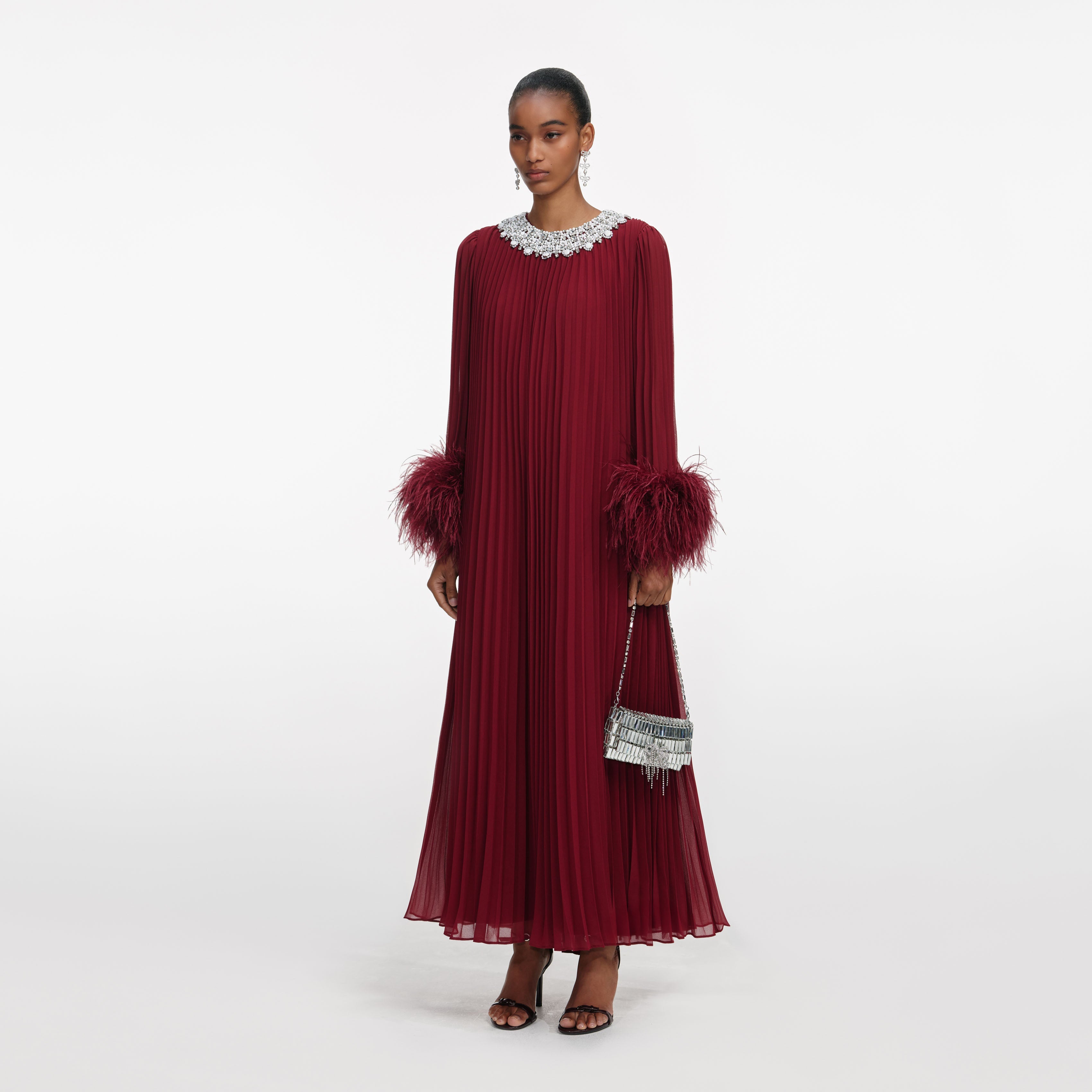 Burgundy Chiffon Feather Midi Dress