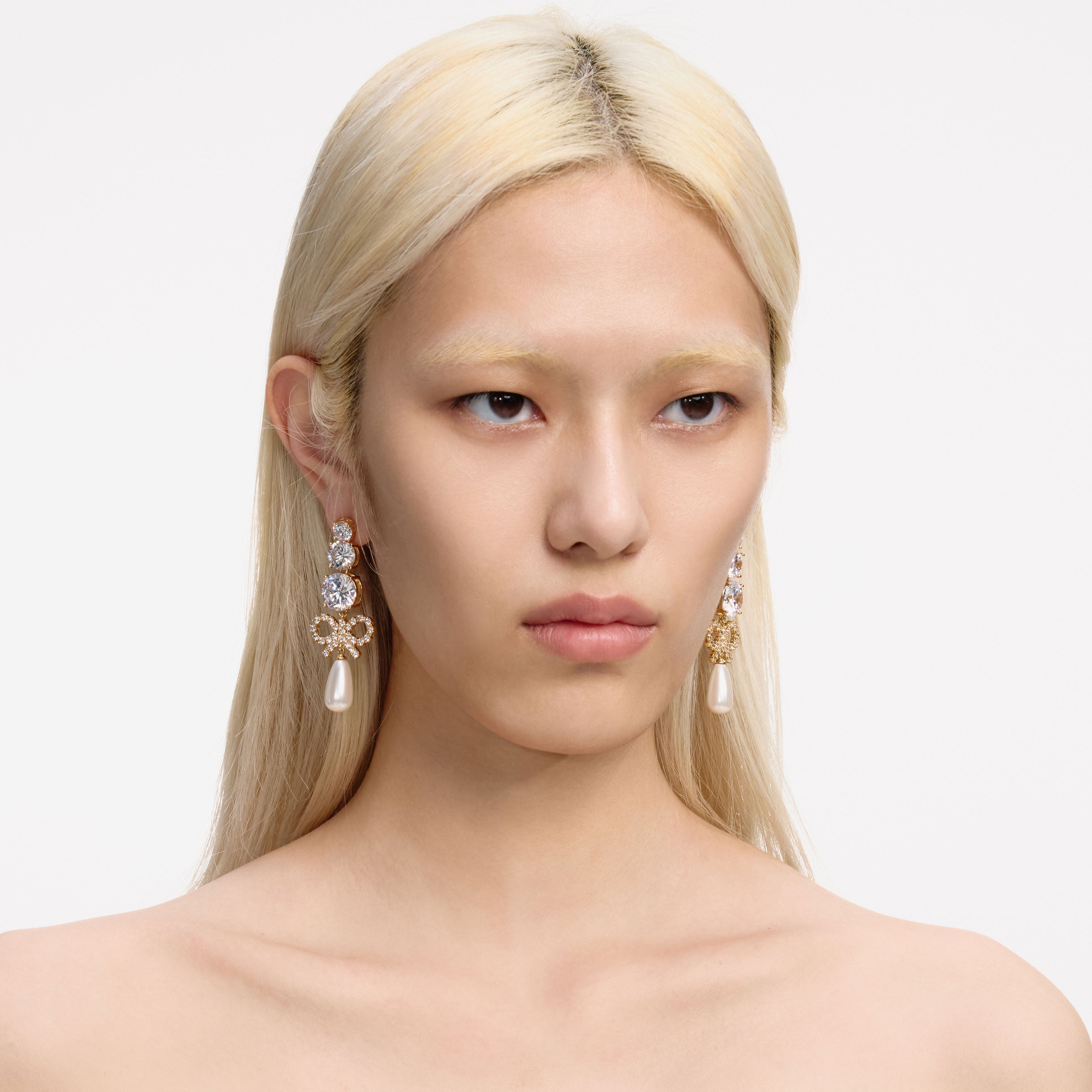 Gold Crystal Bow Pearl Earrings