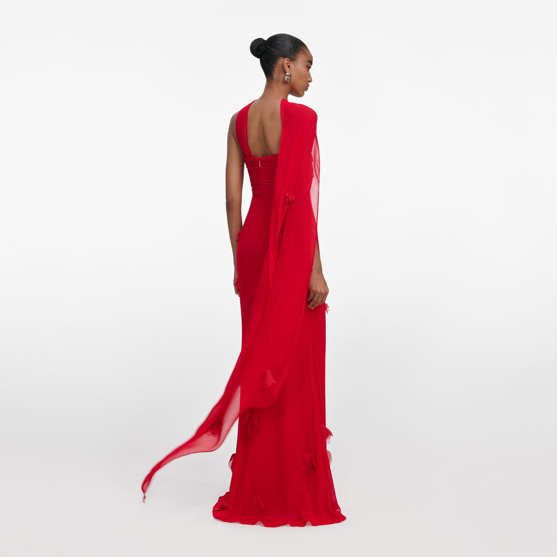 Back view of a woman wearing the Red Georgette Flower Maxi Dress
