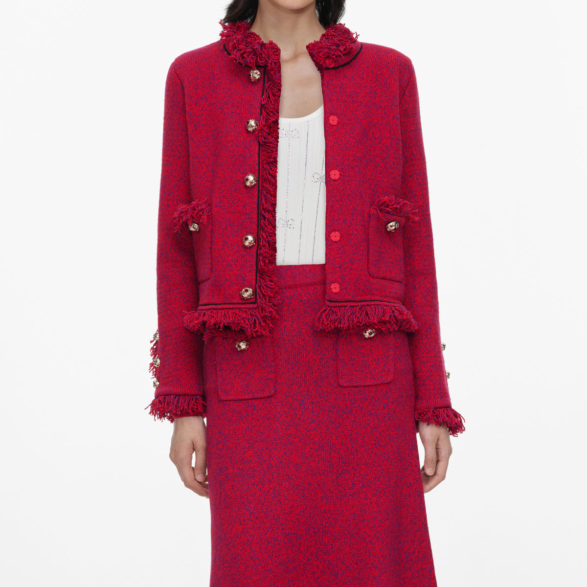 Red Frayed Knit Midi Skirt