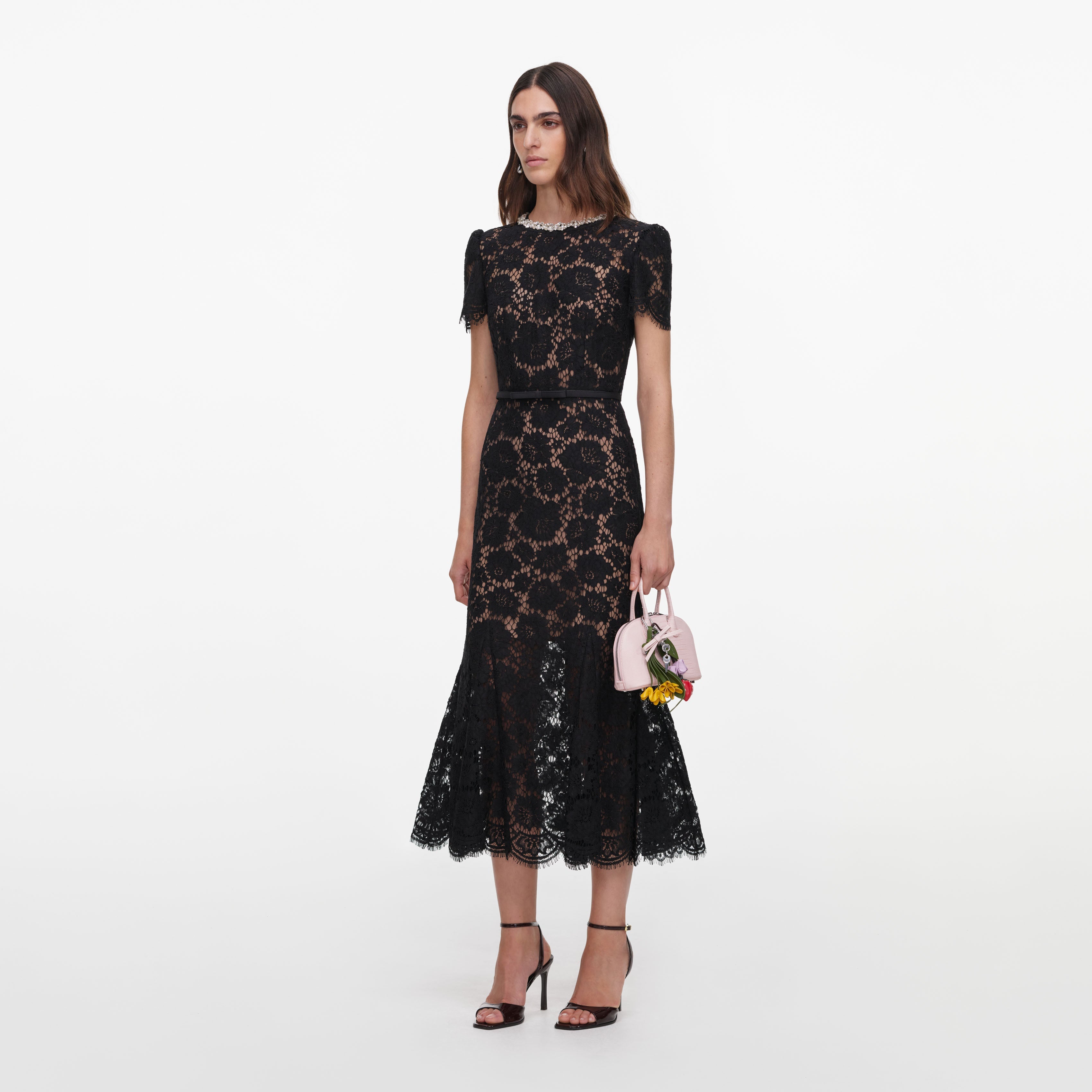 Black Sequin Lace Midi Dress
