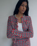 Red Check Frayed Knit Midi Skirt