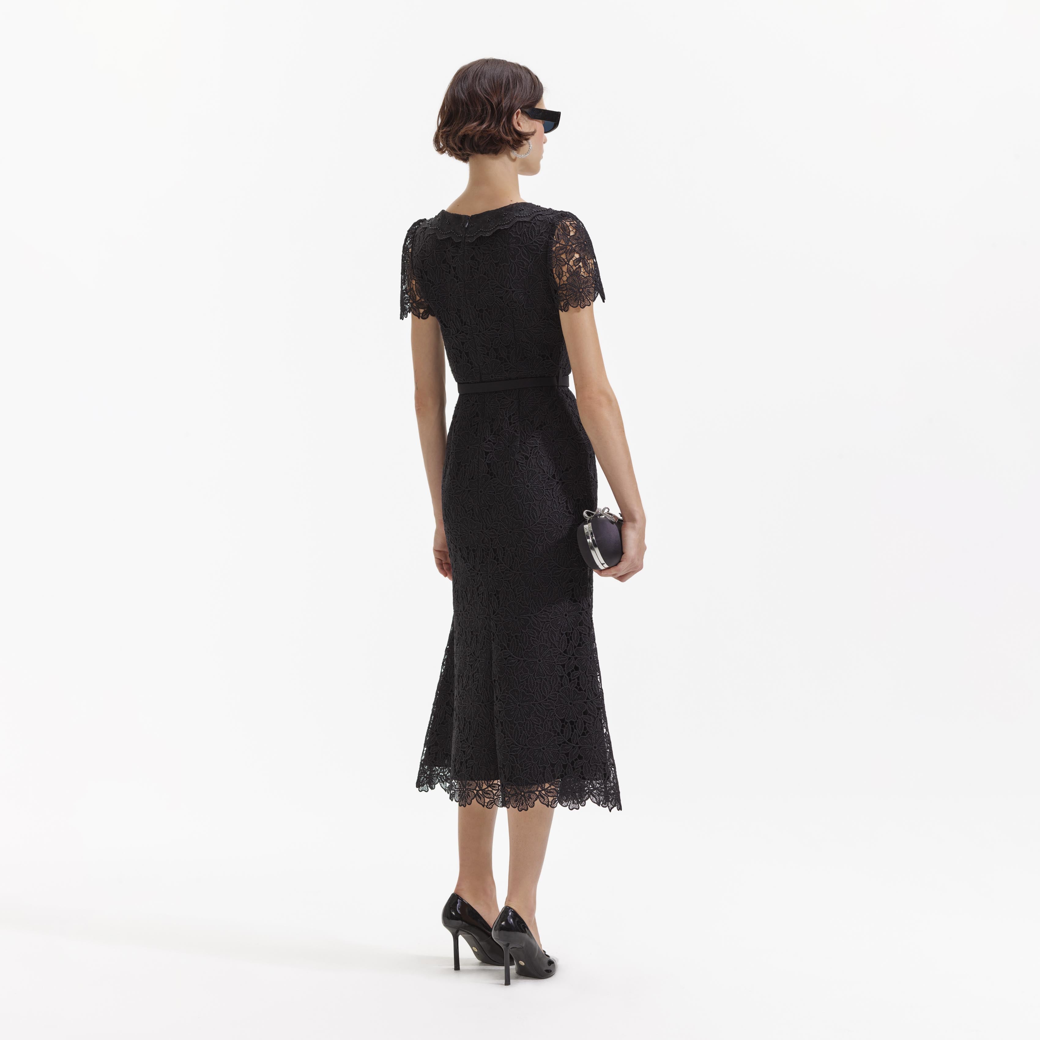 Black Guipure Lace Button Midi Dress