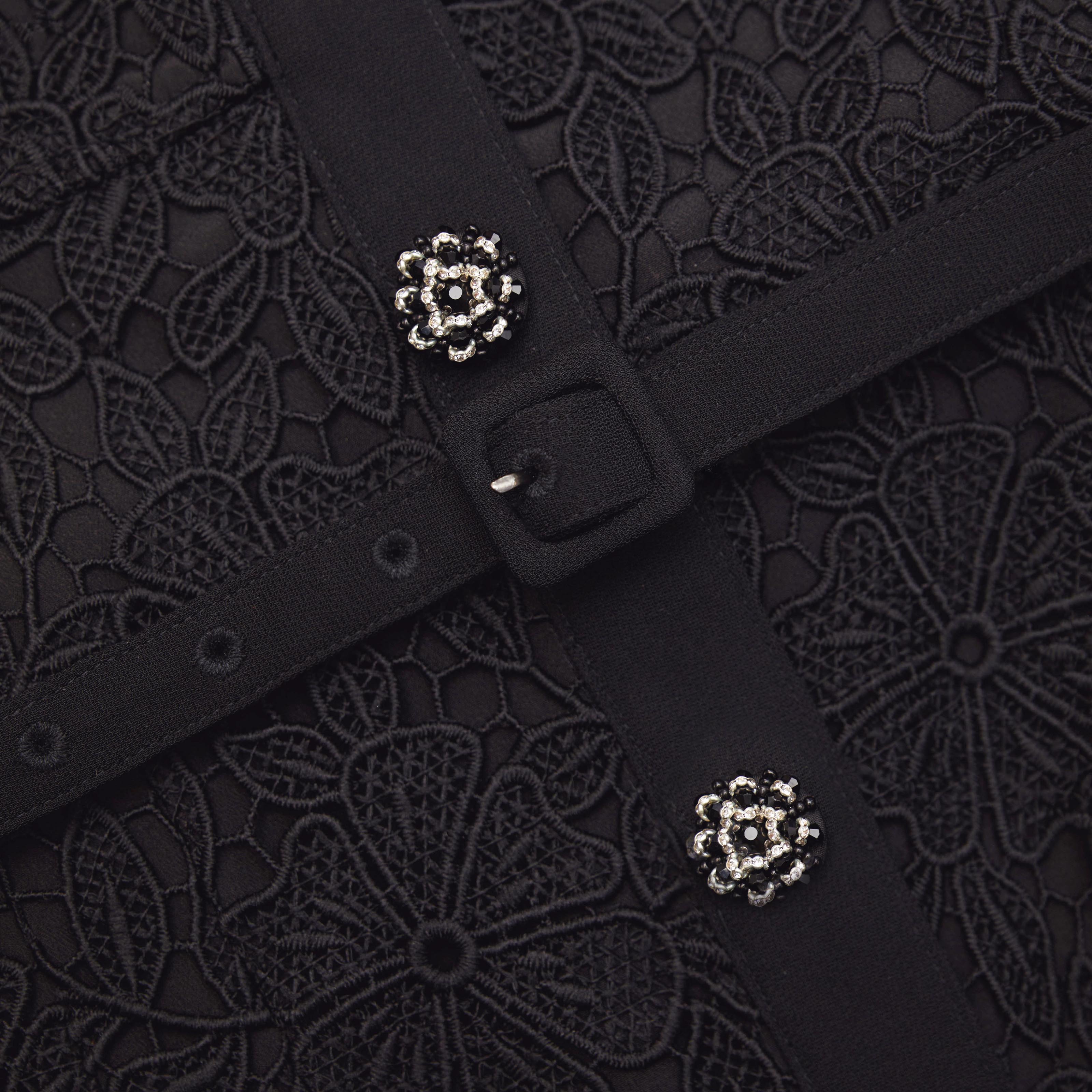 Black Guipure Lace Button Midi Dress