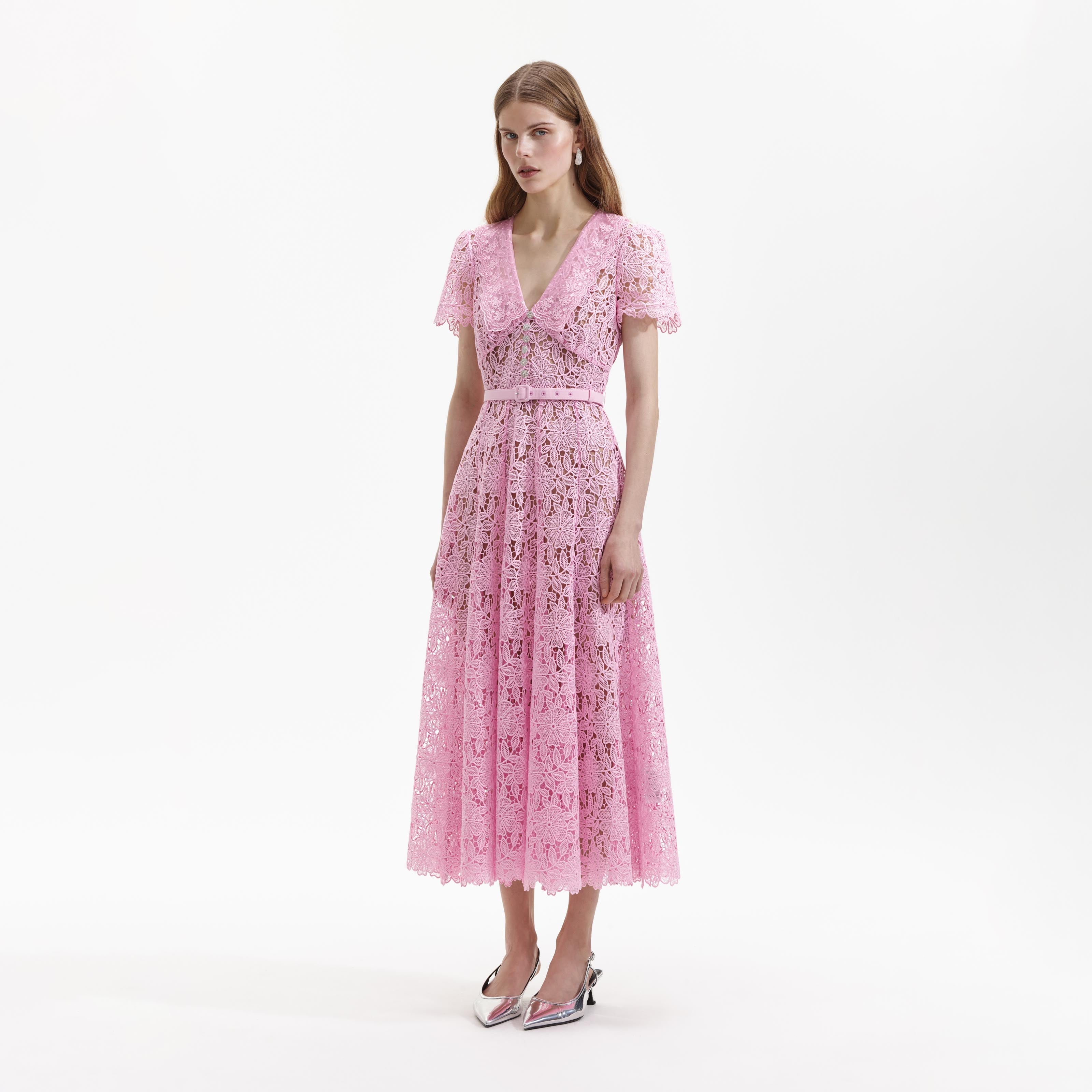 Pink Guipure Midi Dress