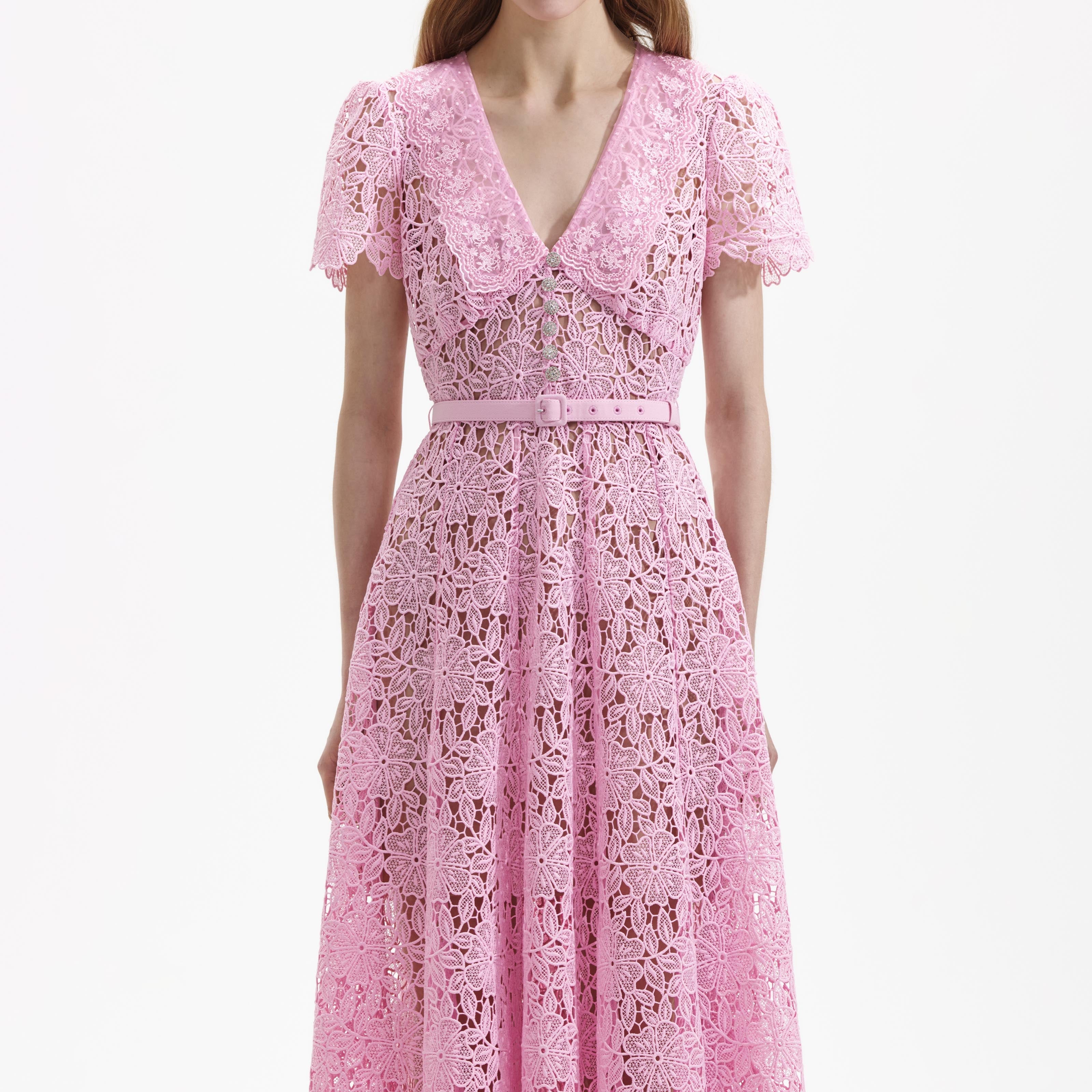 Pink Guipure Midi Dress