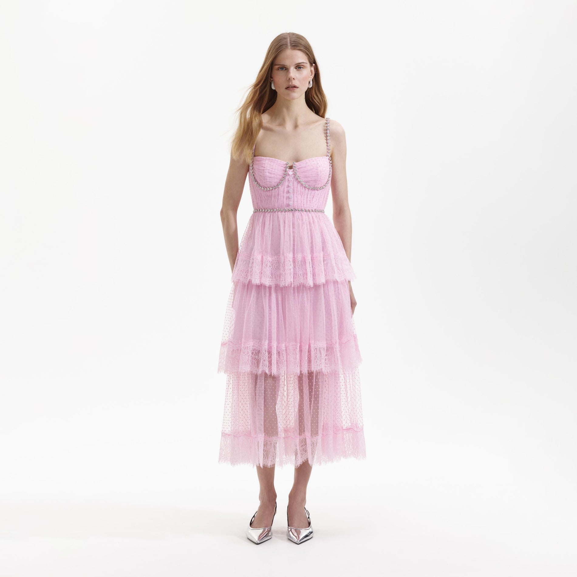 Front view of a woman wearing the Pink Dot Mesh Tier Midi Dress