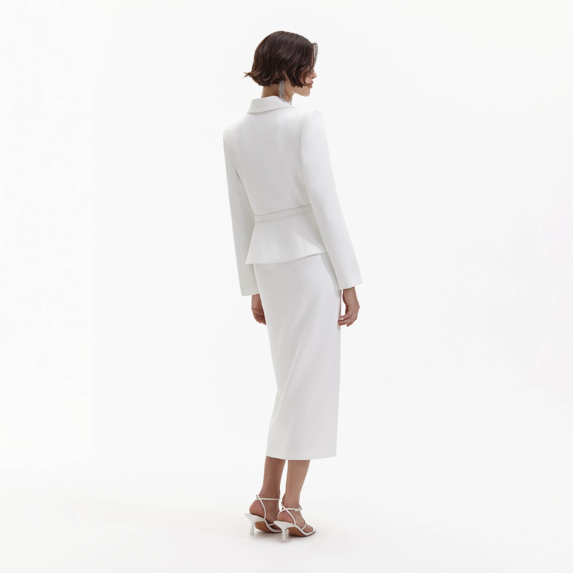 Back view of a woman wearing the White Crepe Tailored Midi Dress