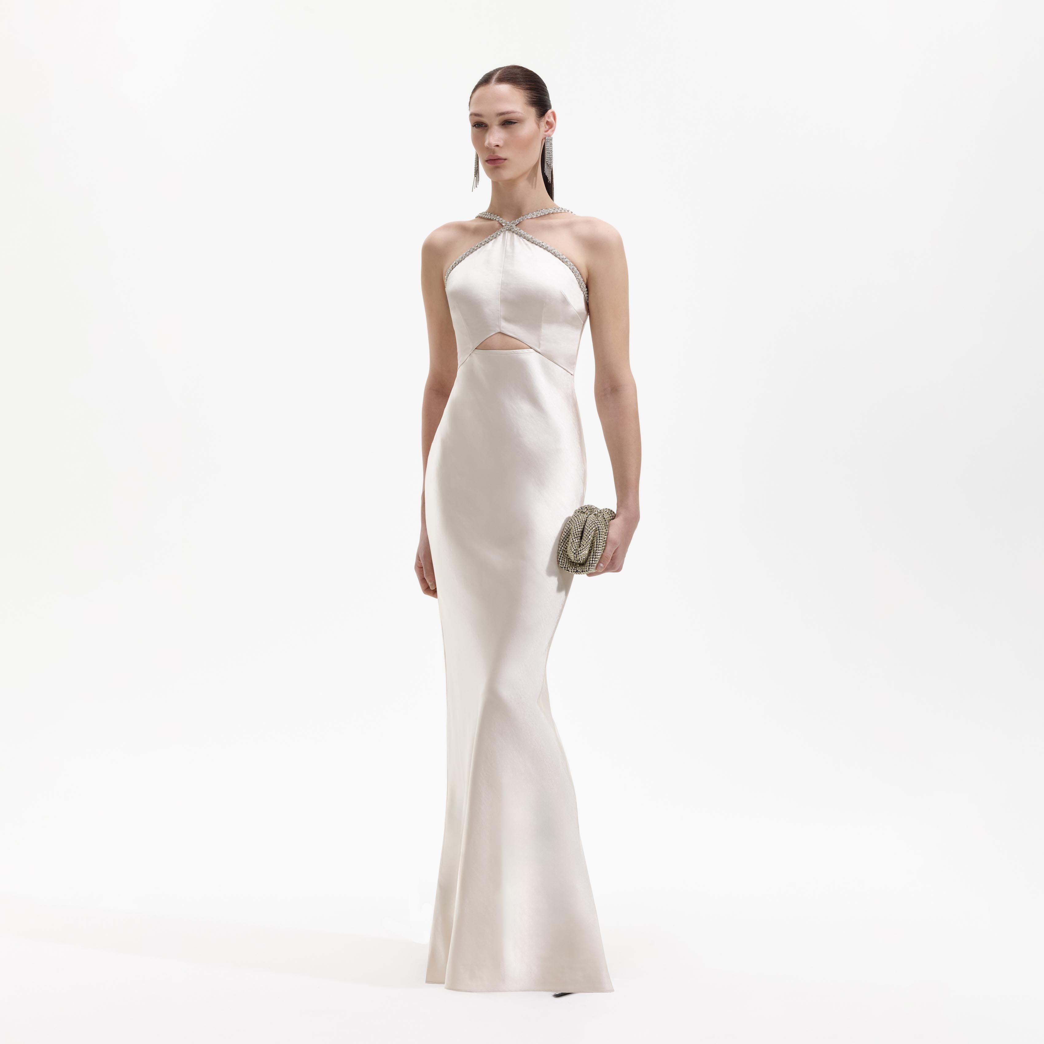 Champagne Satin Diamante Maxi Dress