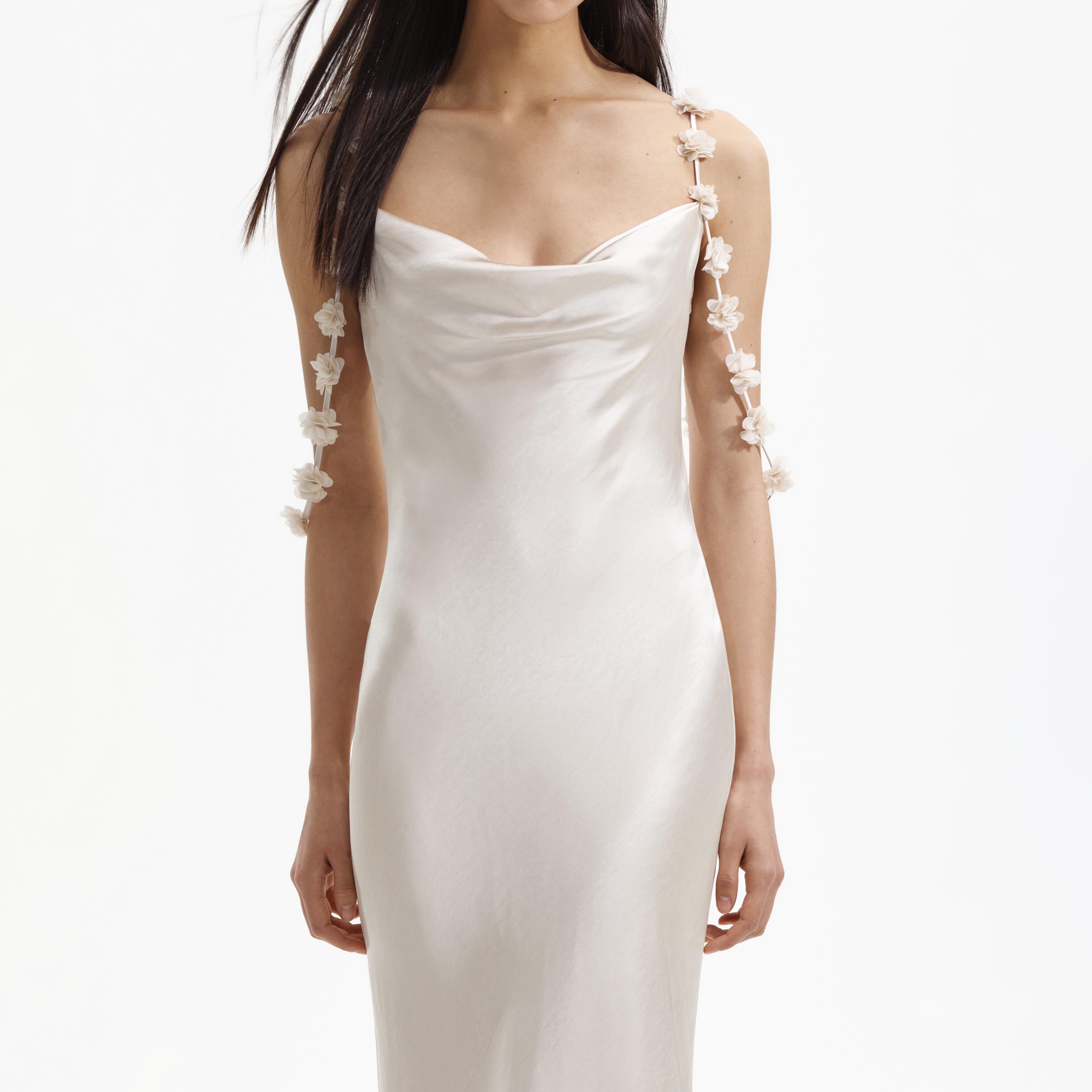 Champagne Satin Flower Maxi Dress