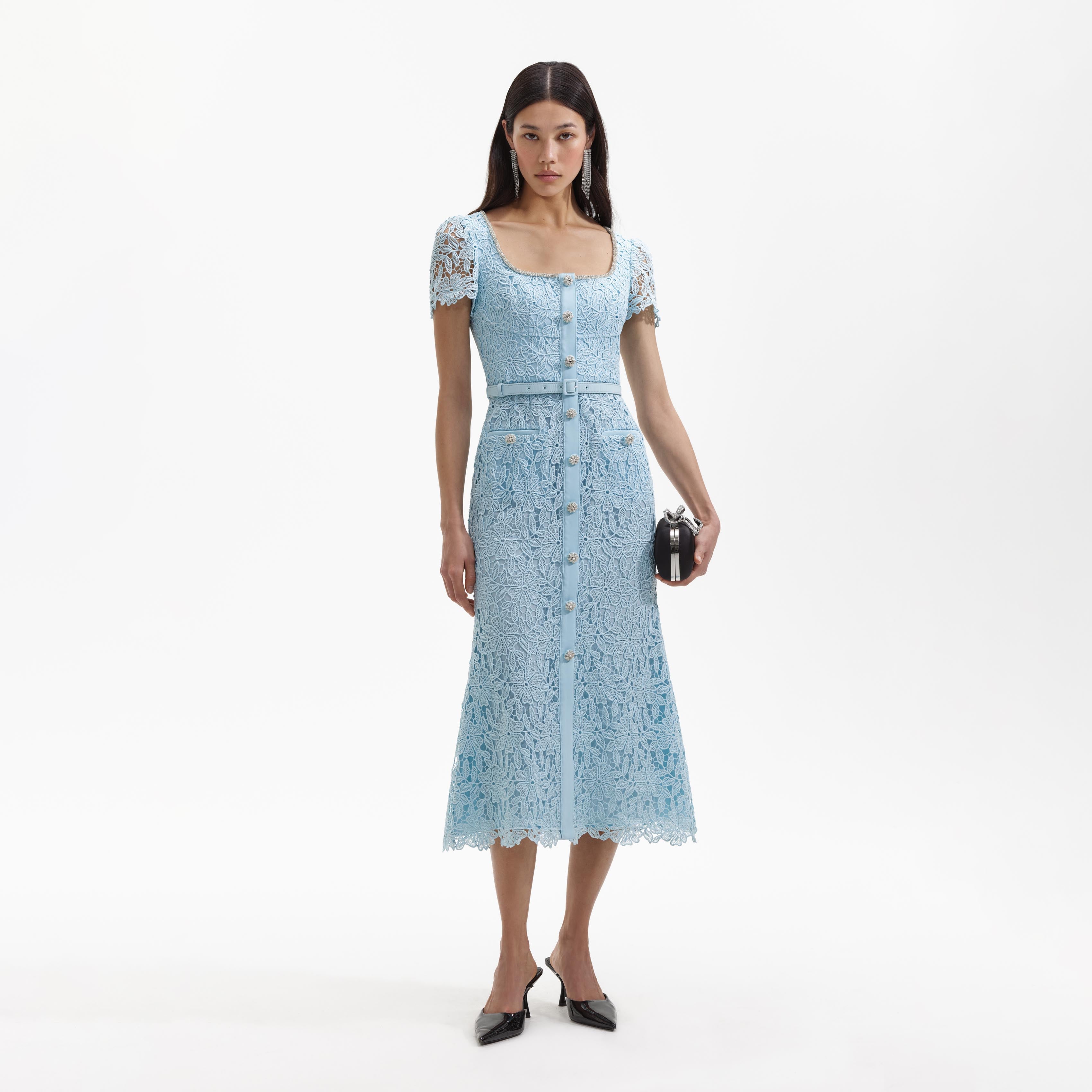 Blue Lace Diamante Midi Dress