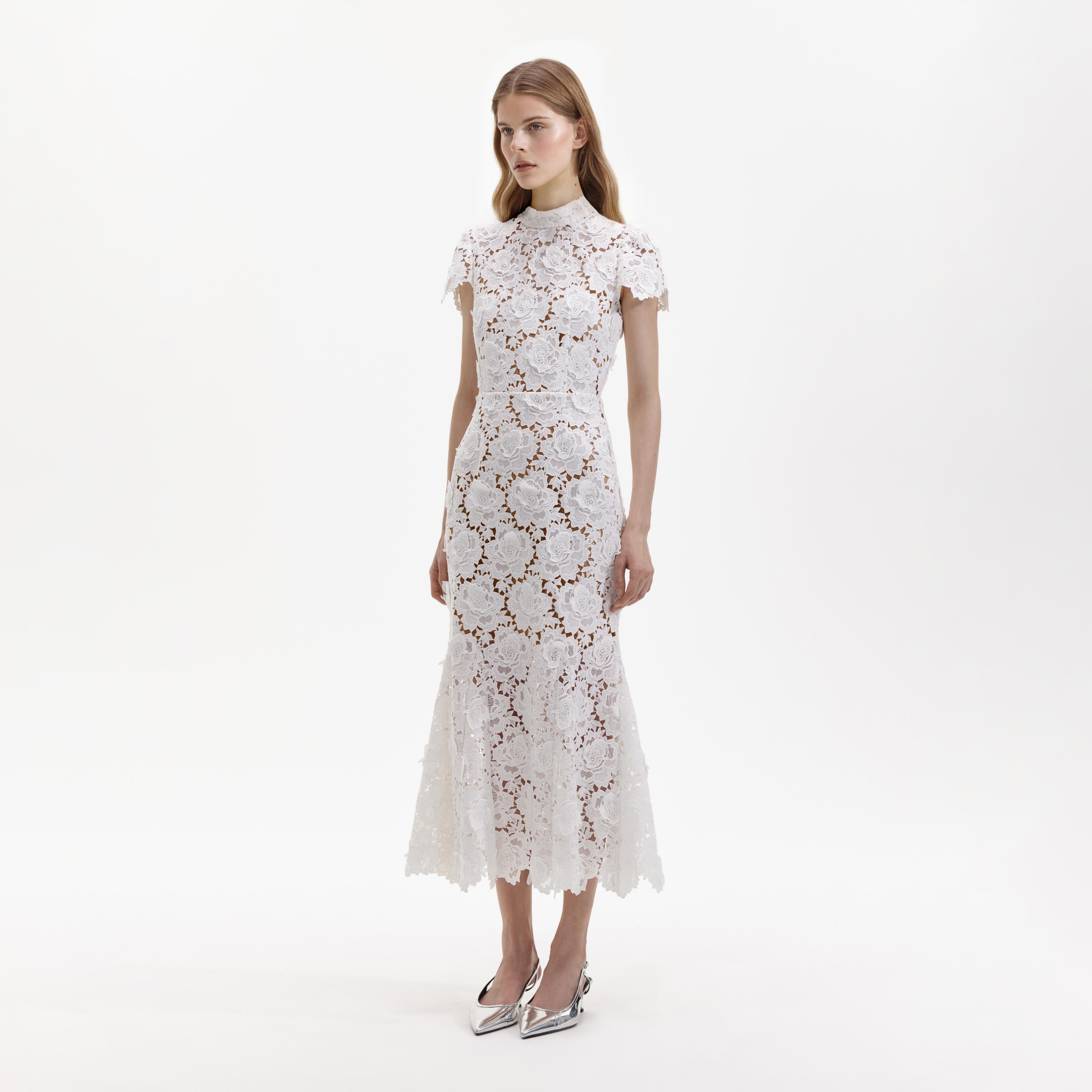 White Flower Lace Midi Dress