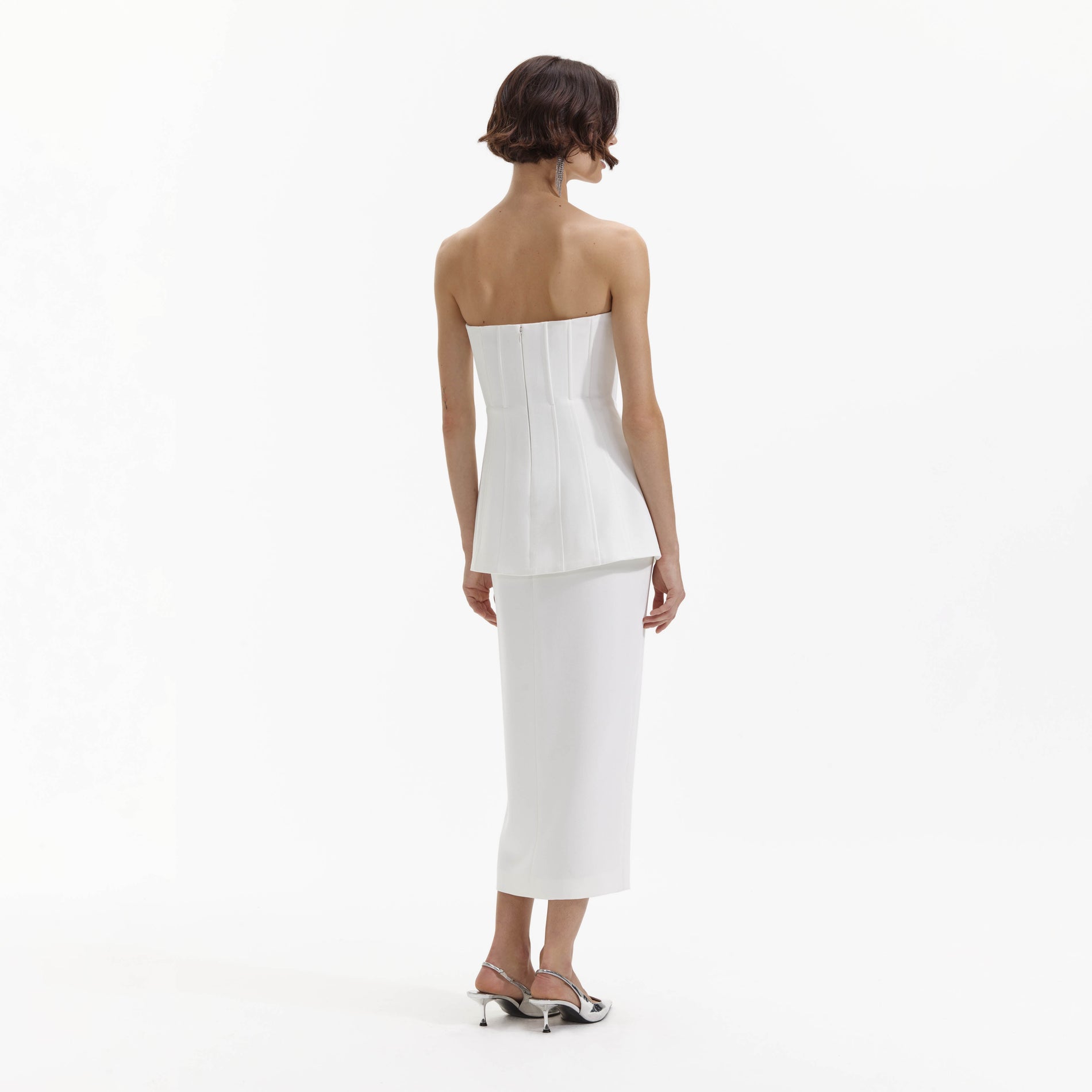Back view of a woman wearing the White Bandeau Crepe Tailored Midi Dress