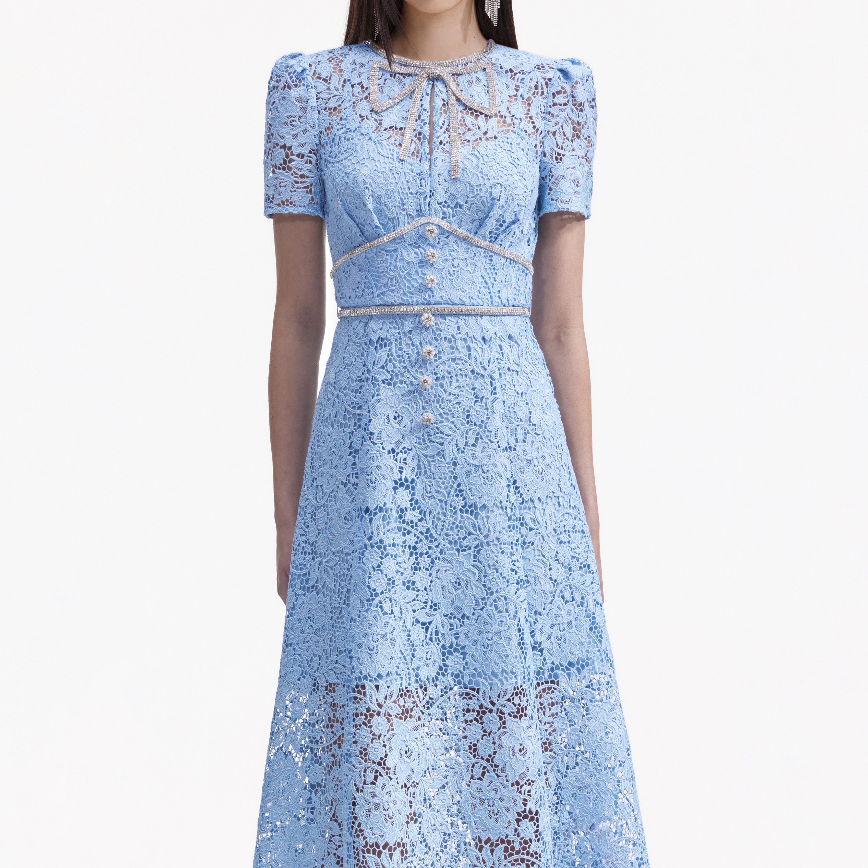 Blue Cord Lace Bow Midi Dress