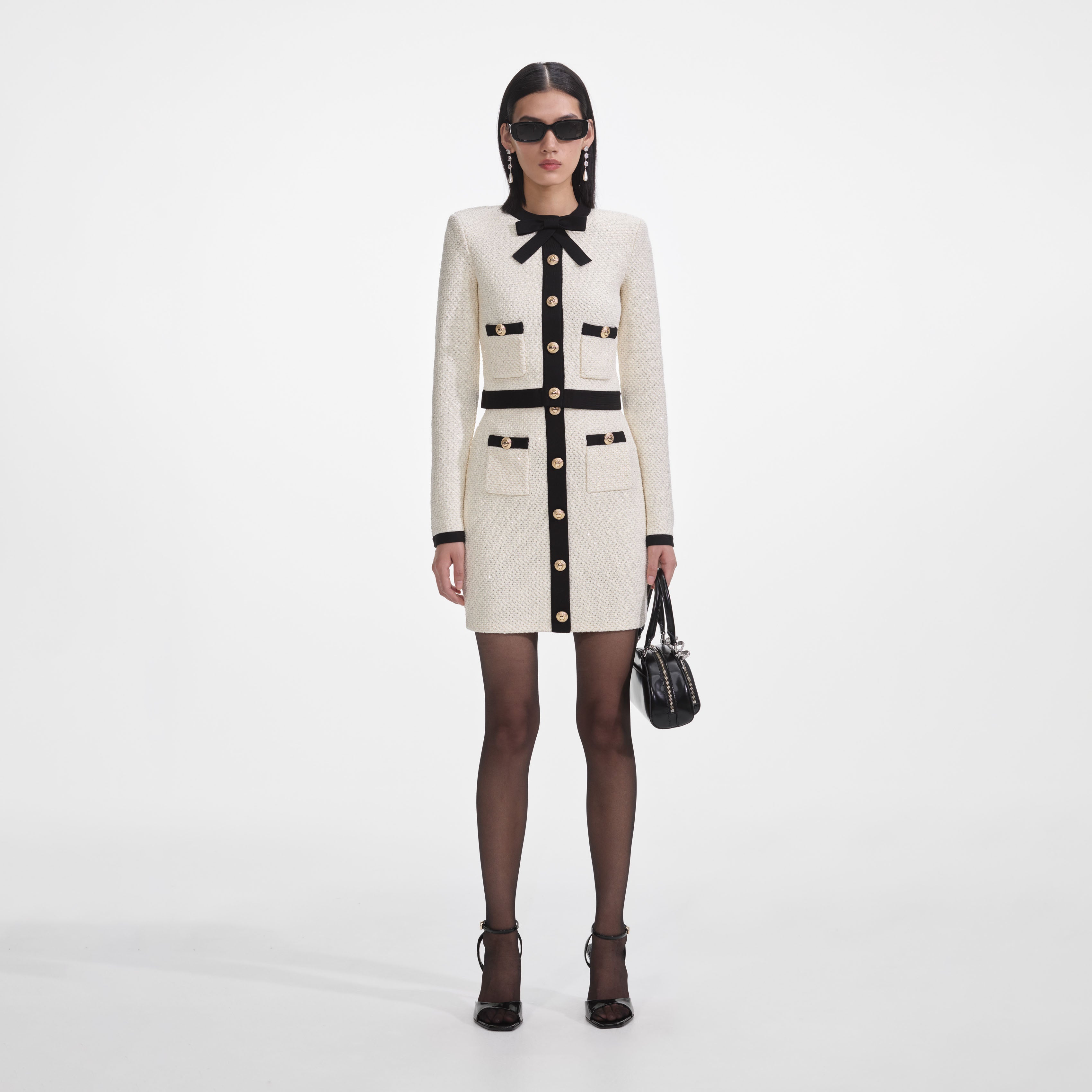 Cream Sequin Tie Neck Cardigan