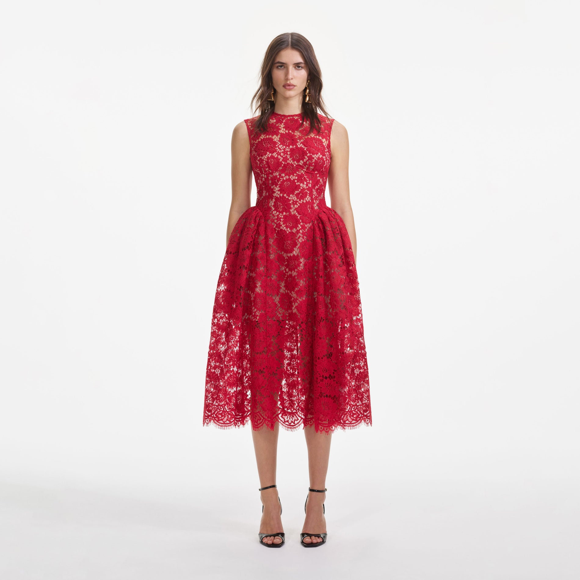 Front view of a woman wearing the Red Fine Lace Midi Dress
