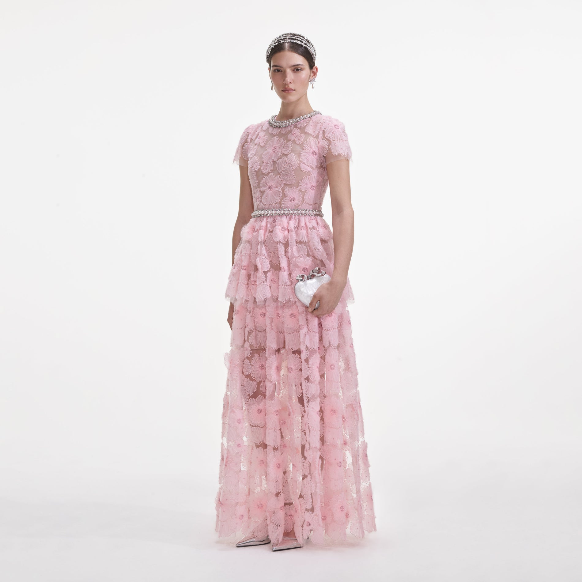 Side view of a woman wearing the Pink Embellished Tulle Maxi Dress