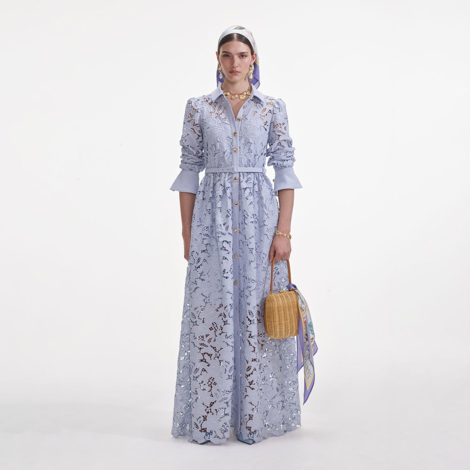 Front view of a woman wearing the Blue Lace Collared Maxi Dress