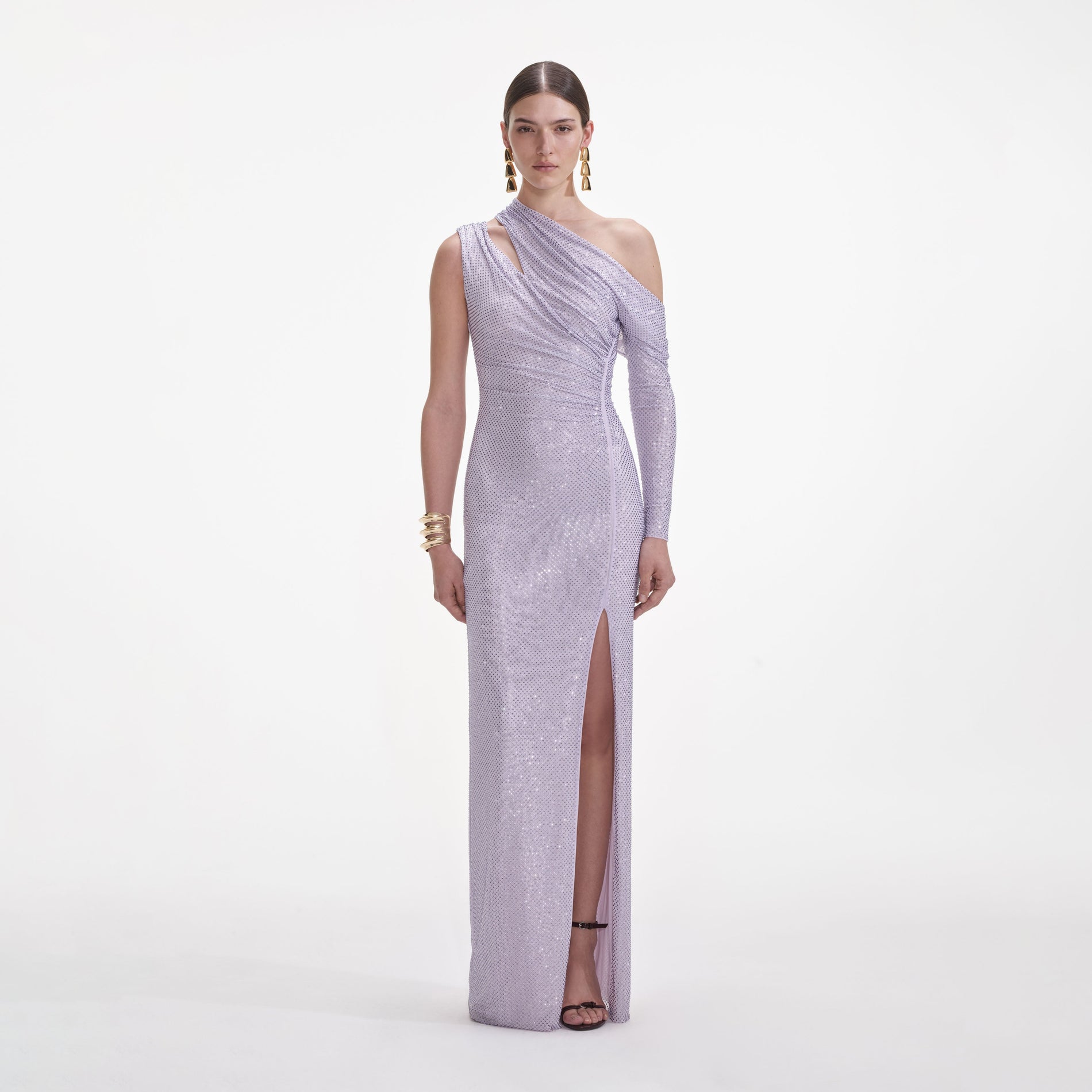 Front view of a woman wearing the Lilac Rhinestone Gathered Maxi Dress