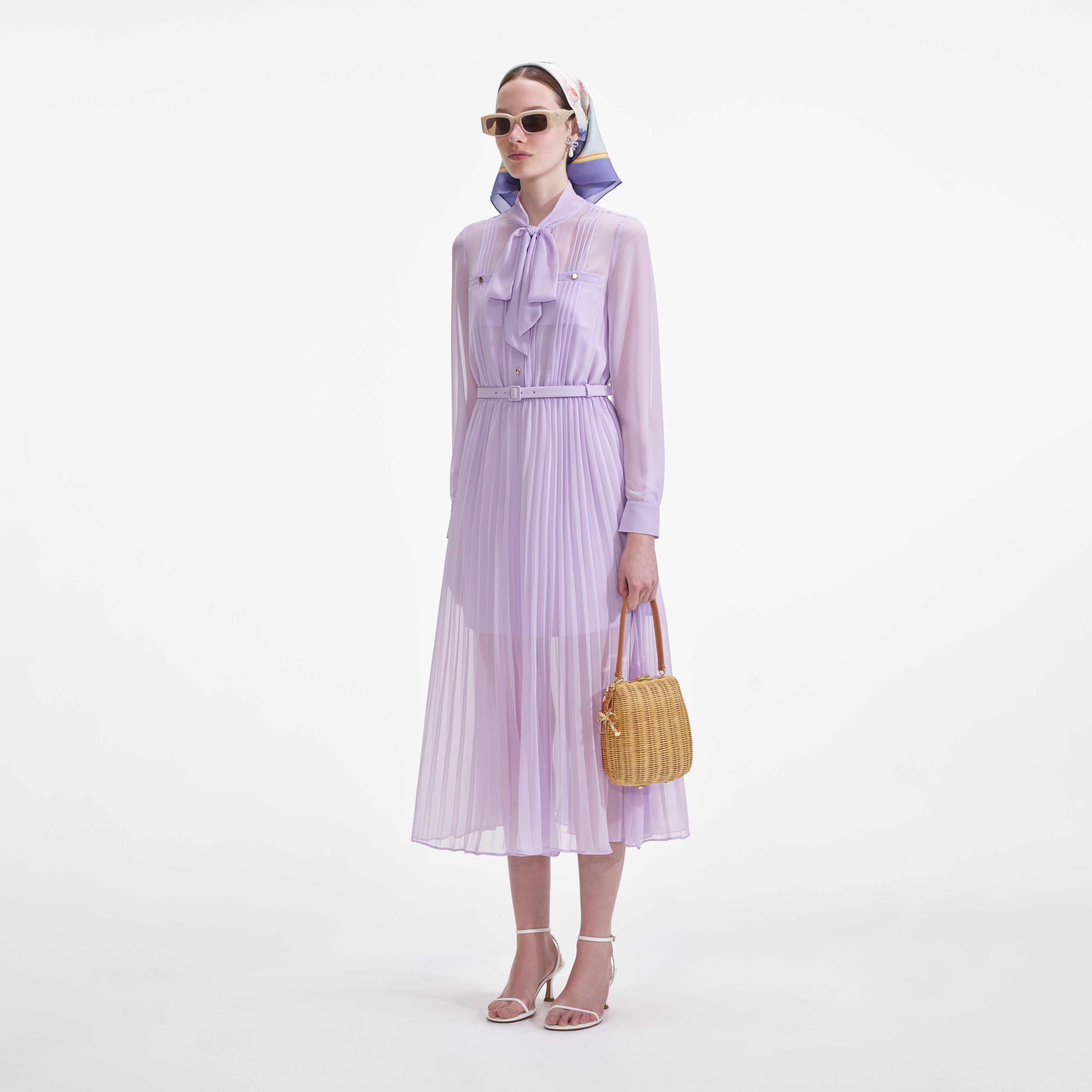 Lilac Chiffon Tie Neck Midi Dress