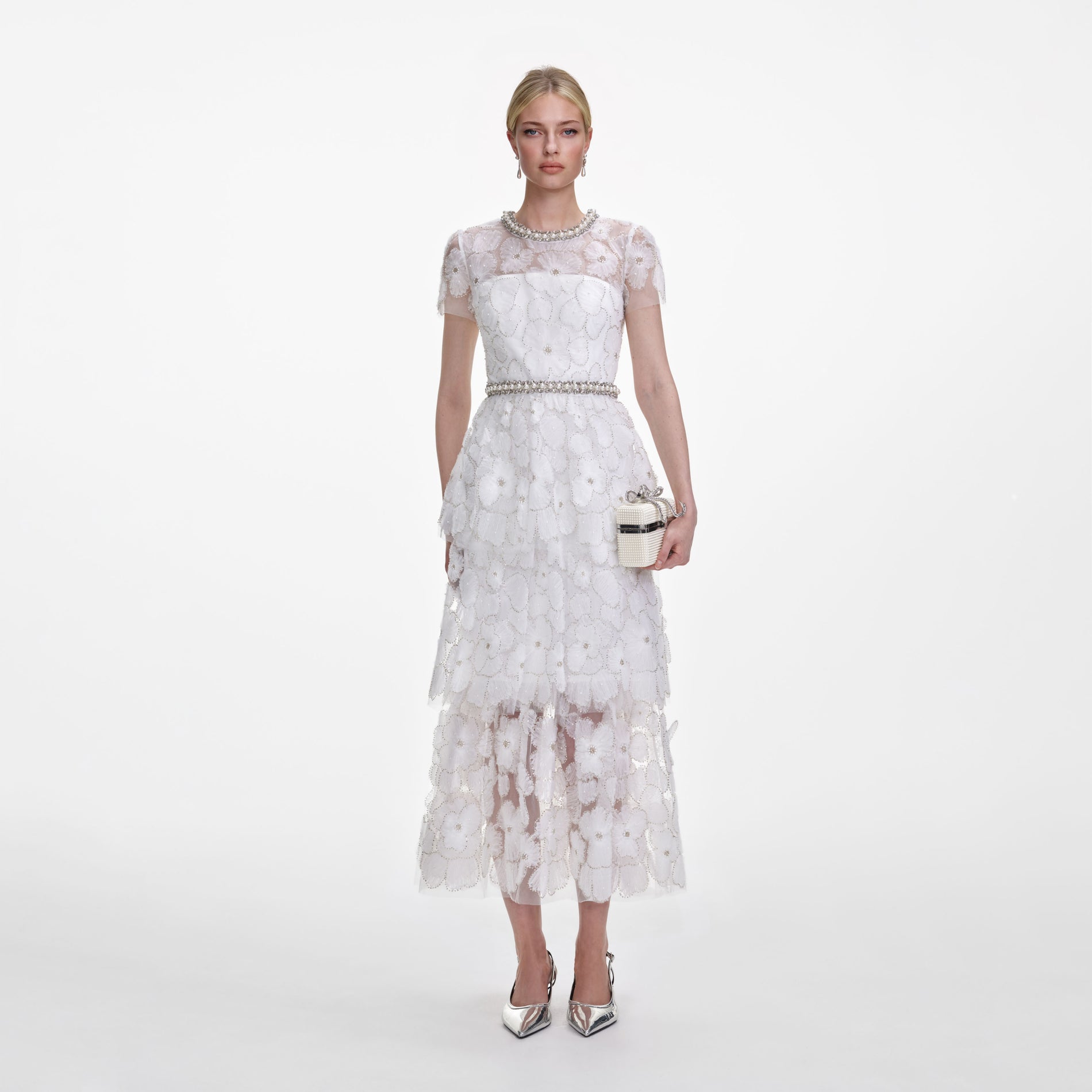 White Embellished Tulle Tiered Midi Dress
