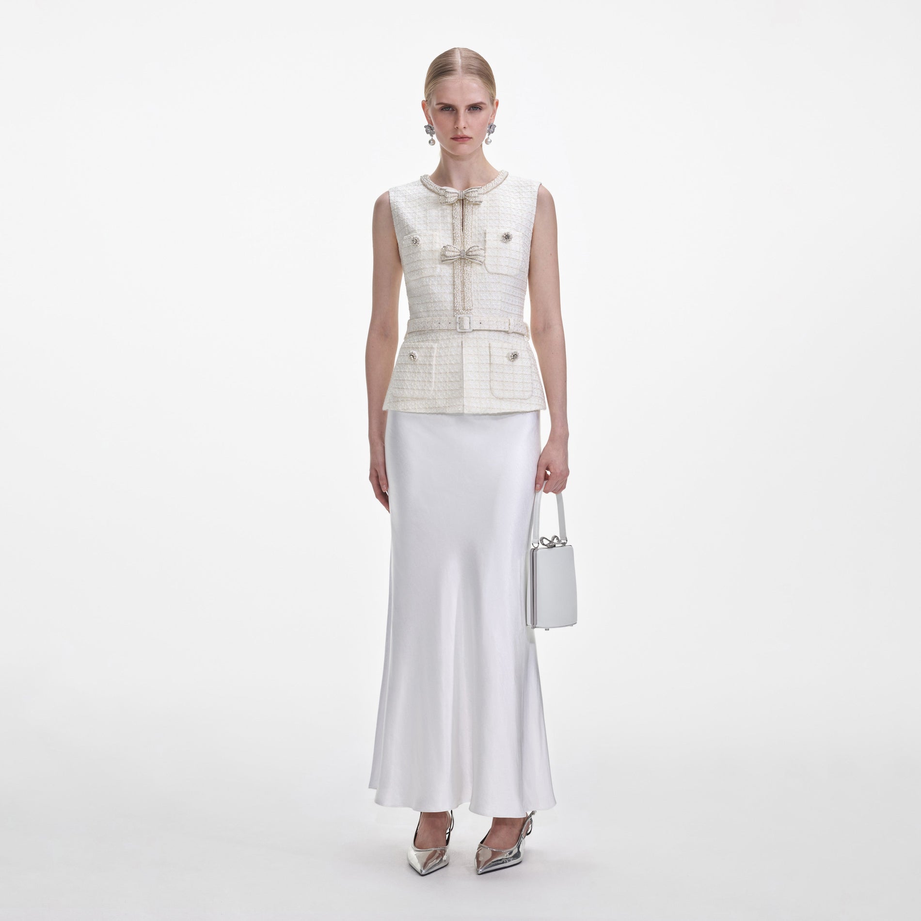 Front view of a woman wearing the Cream Boucle Midi Dress