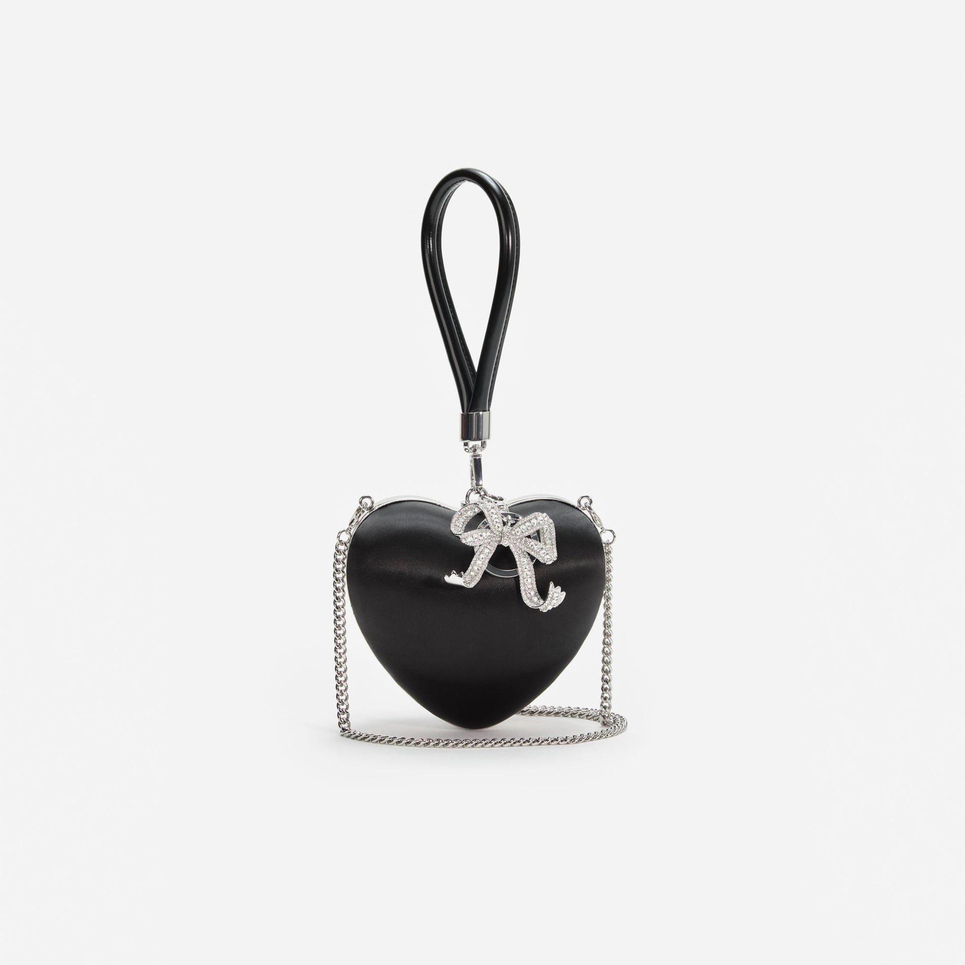 A photo of the Black Satin Top Handle Heart Clutch
