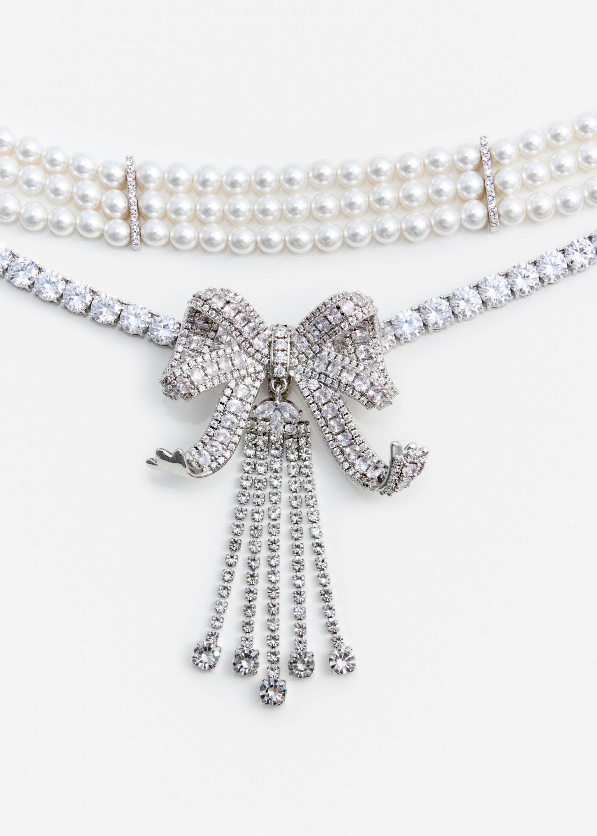 A photo of the Crystal Bow Droplet Pearl Necklace