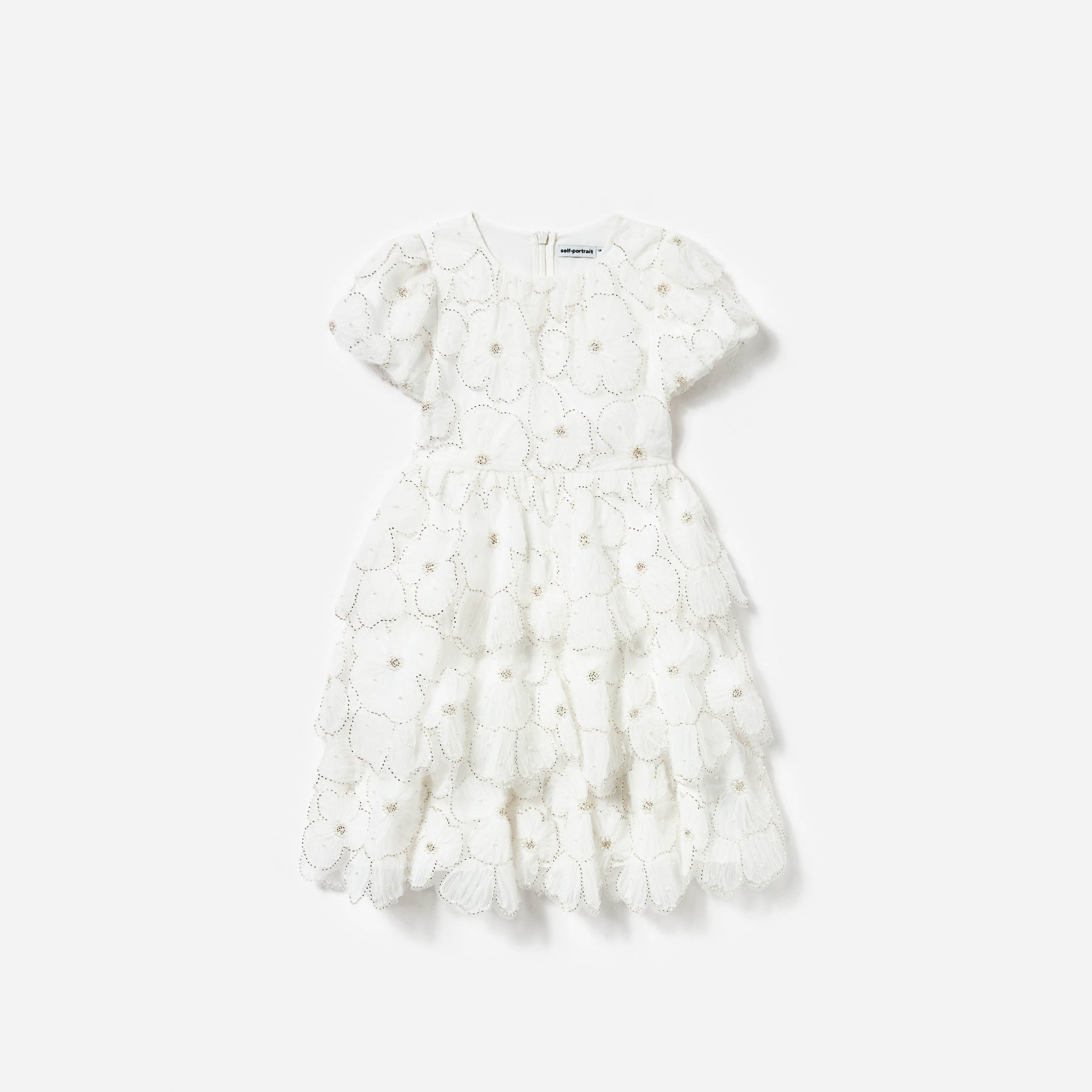 Front view of a woman wearing the White Embellished Tulle Short Sleeve Dress