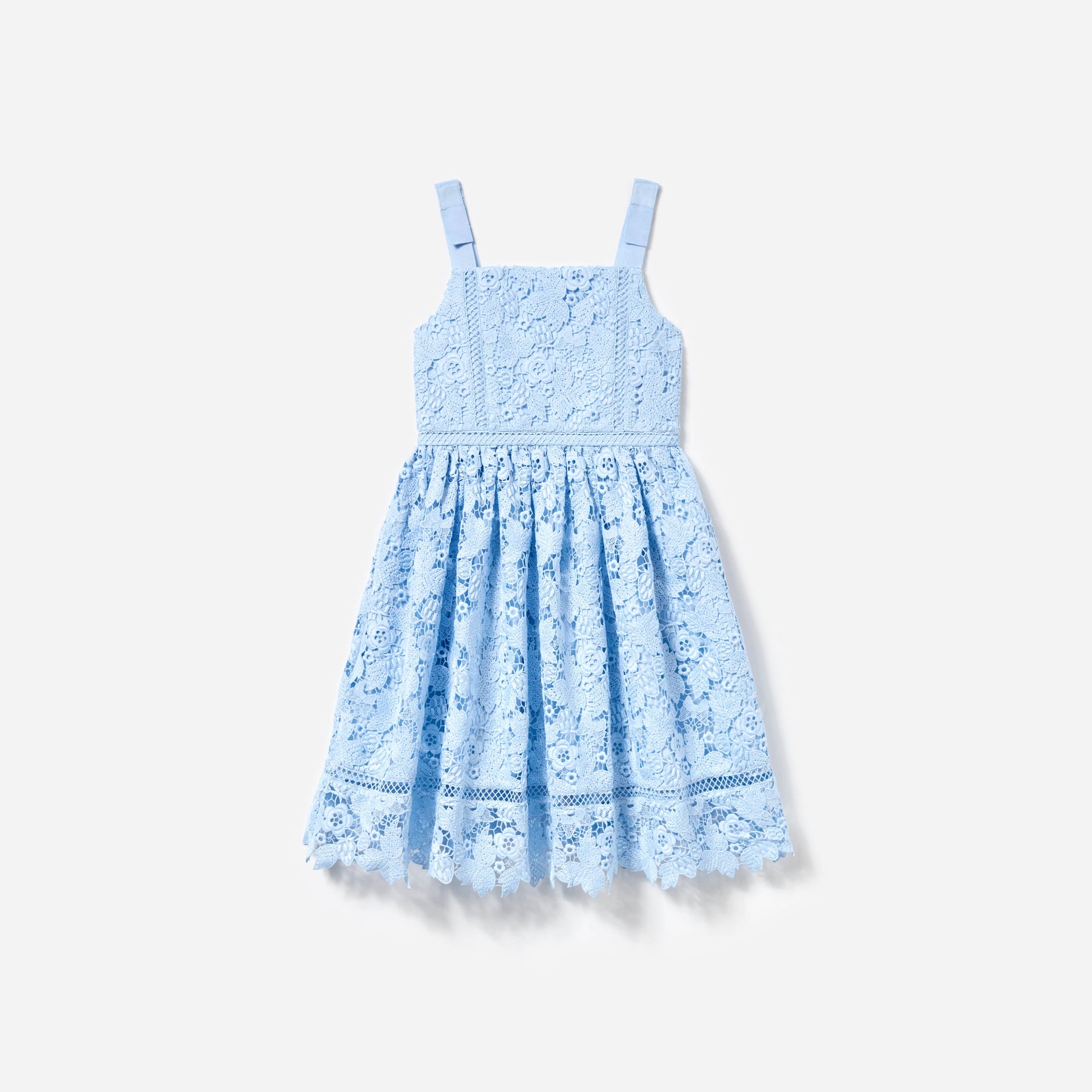 Front view of a woman wearing the Blue Butterfly Lace Dress