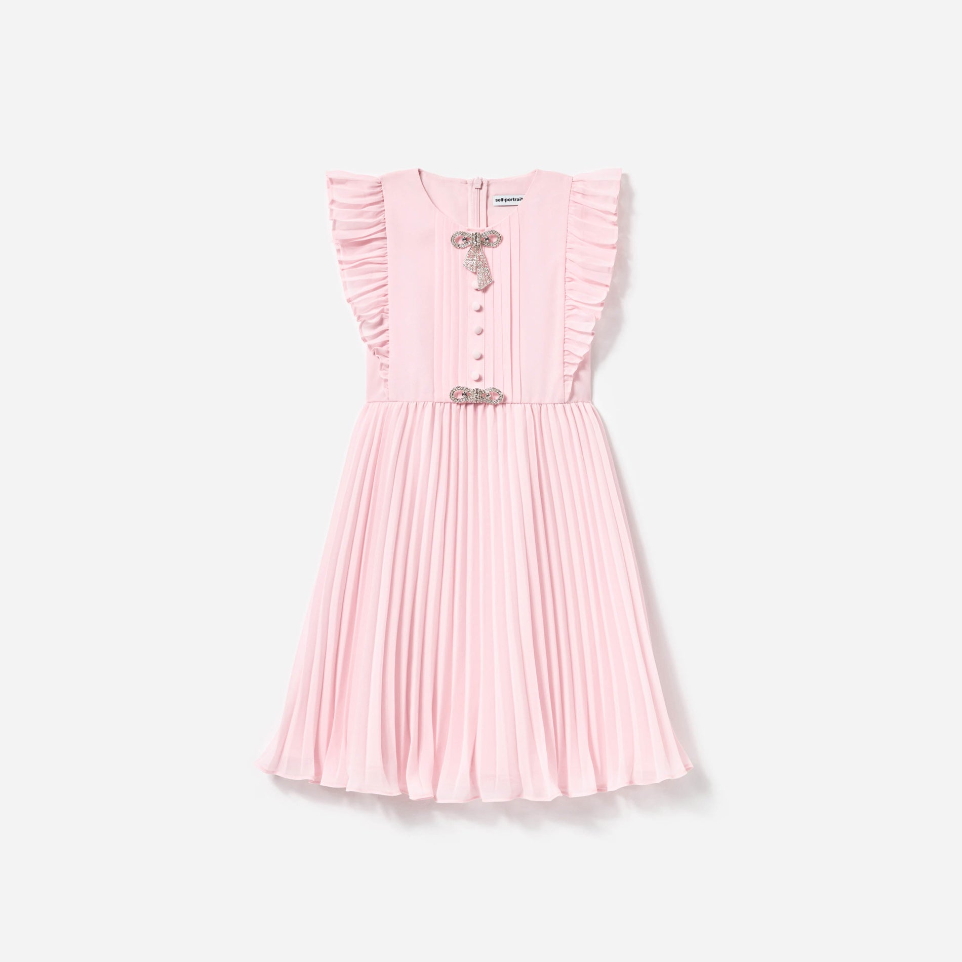 Front view of a woman wearing the Pink Chiffon Pleated Bow Dress