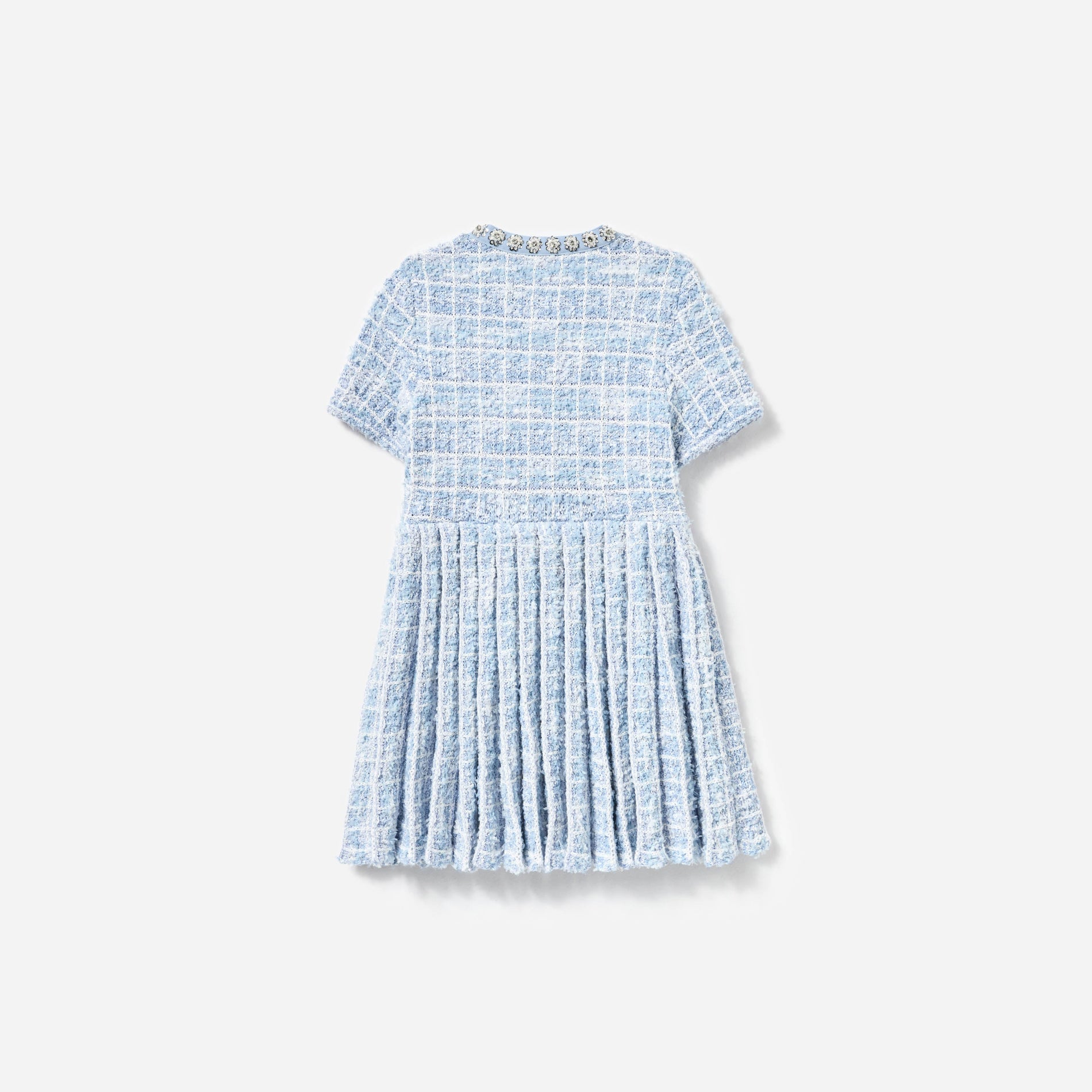 Side view of a woman wearing the Blue Check Knit Dress