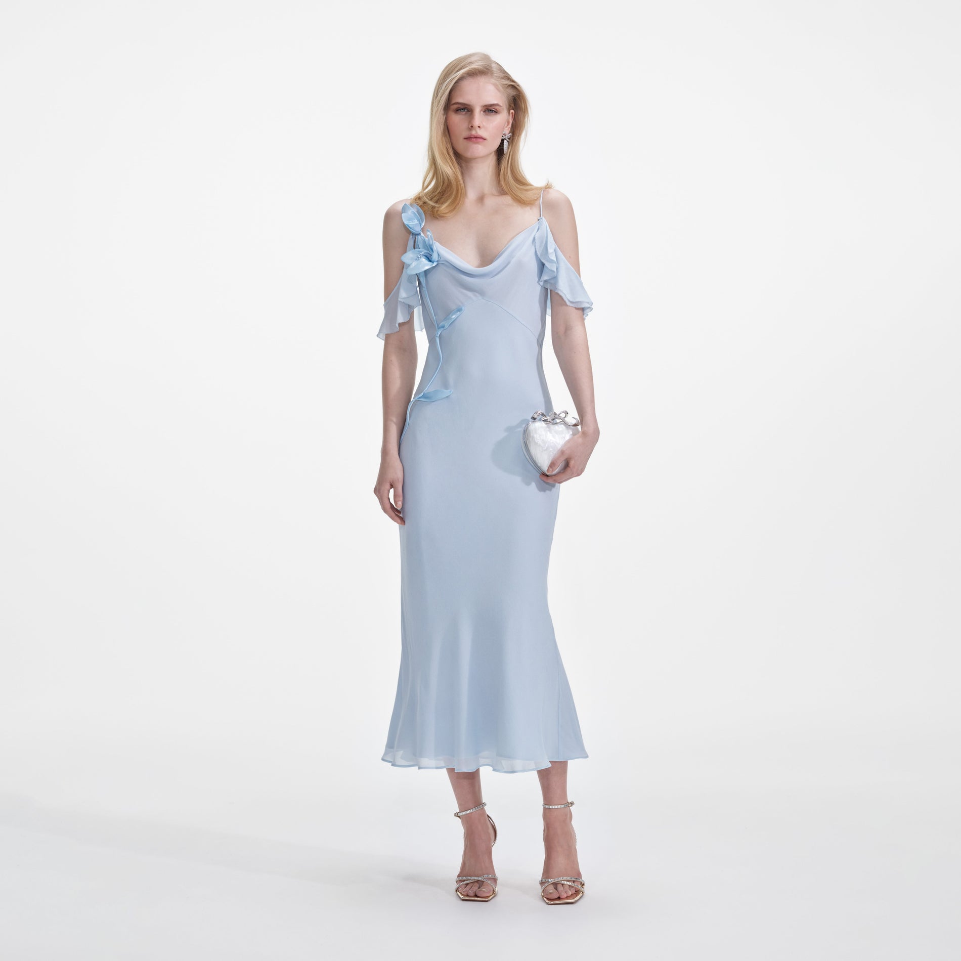 Front view of a woman wearing the Blue Georgette Flower Midi Dress