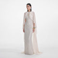 Cream Rhinestone Cape Maxi Dress
