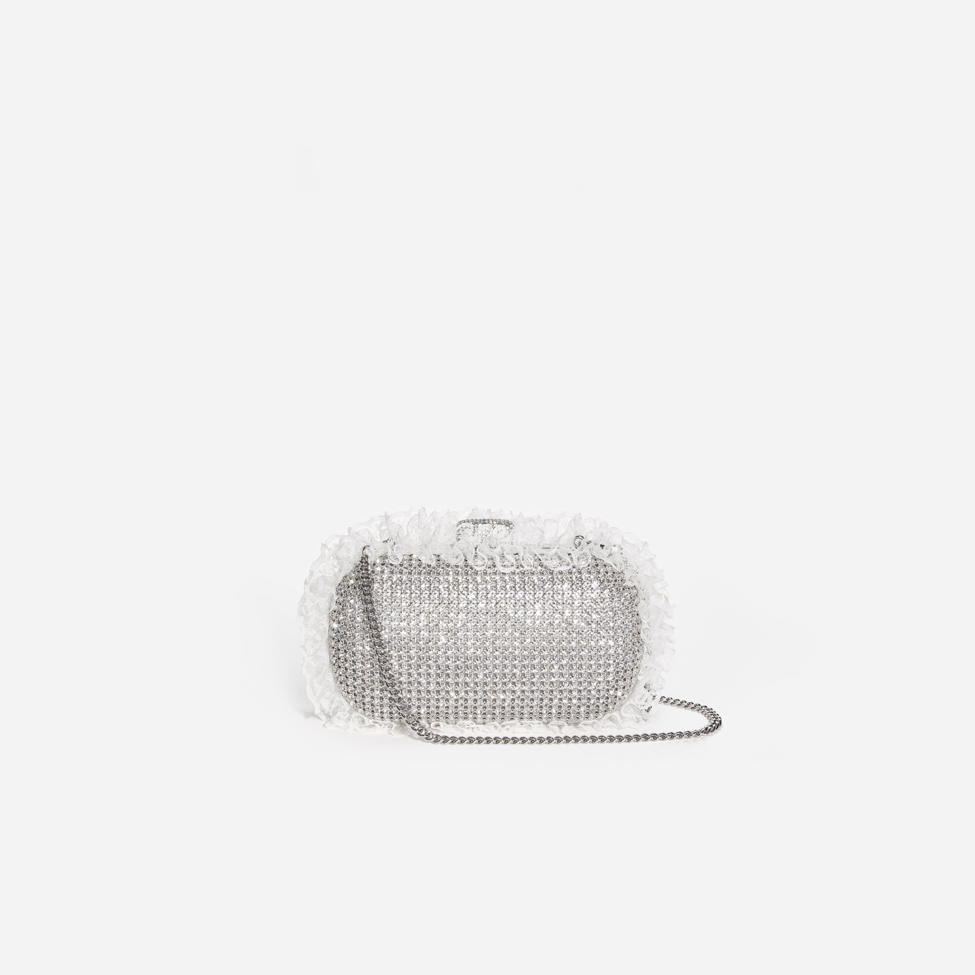 A photo of the Silver Crystal Lace Detail Clutch