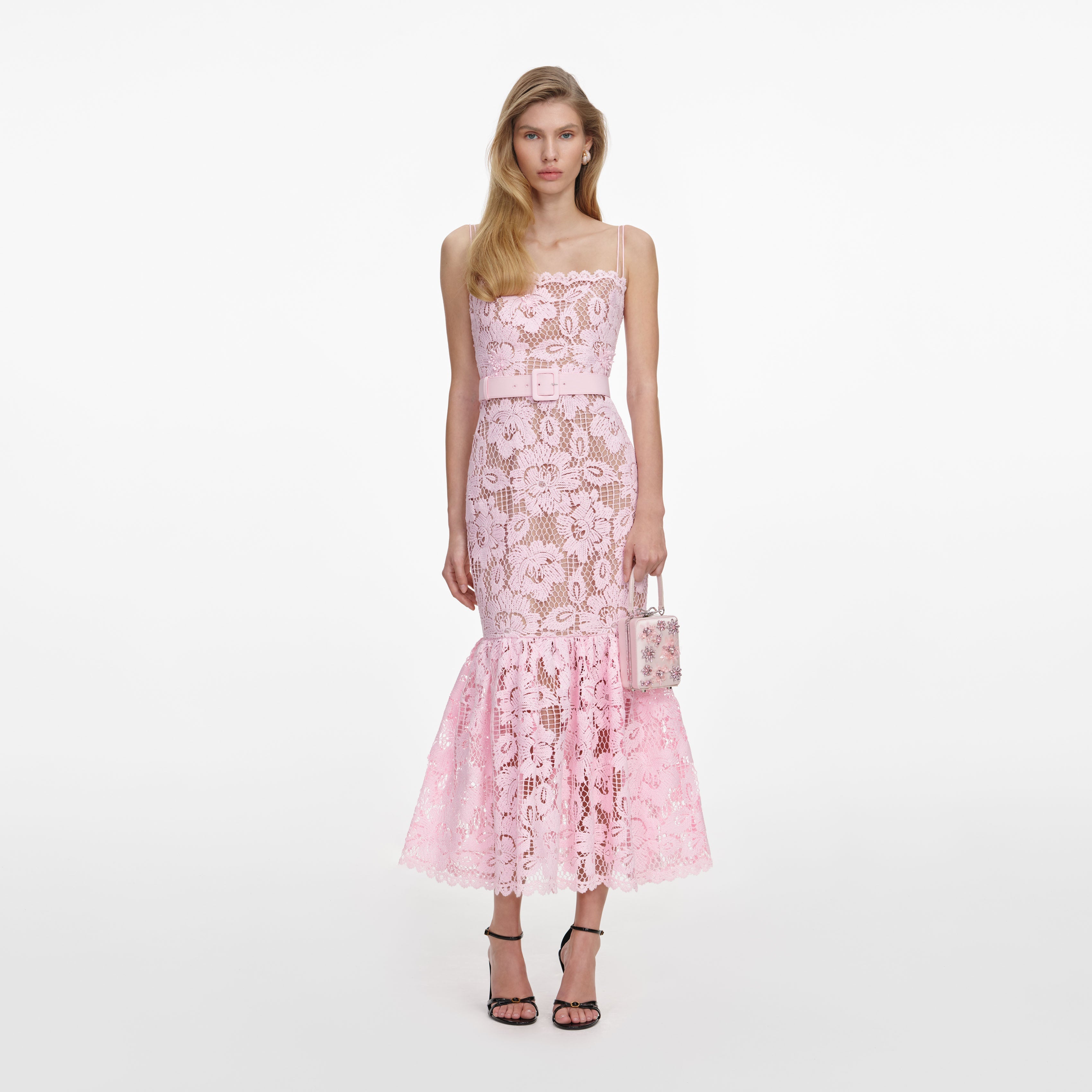 Pink Crochet Lace Midi Dress