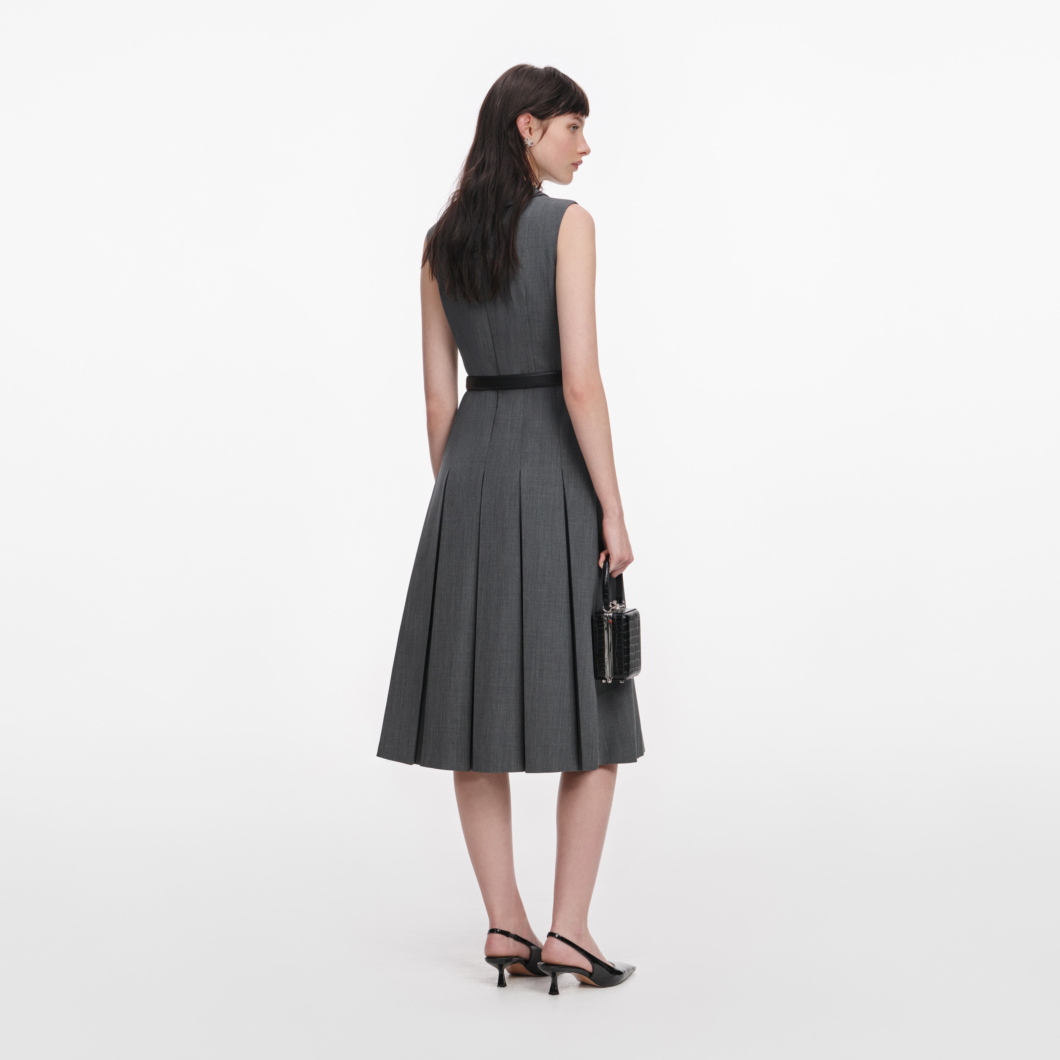 Grey Tailored Pleated Midi Dress