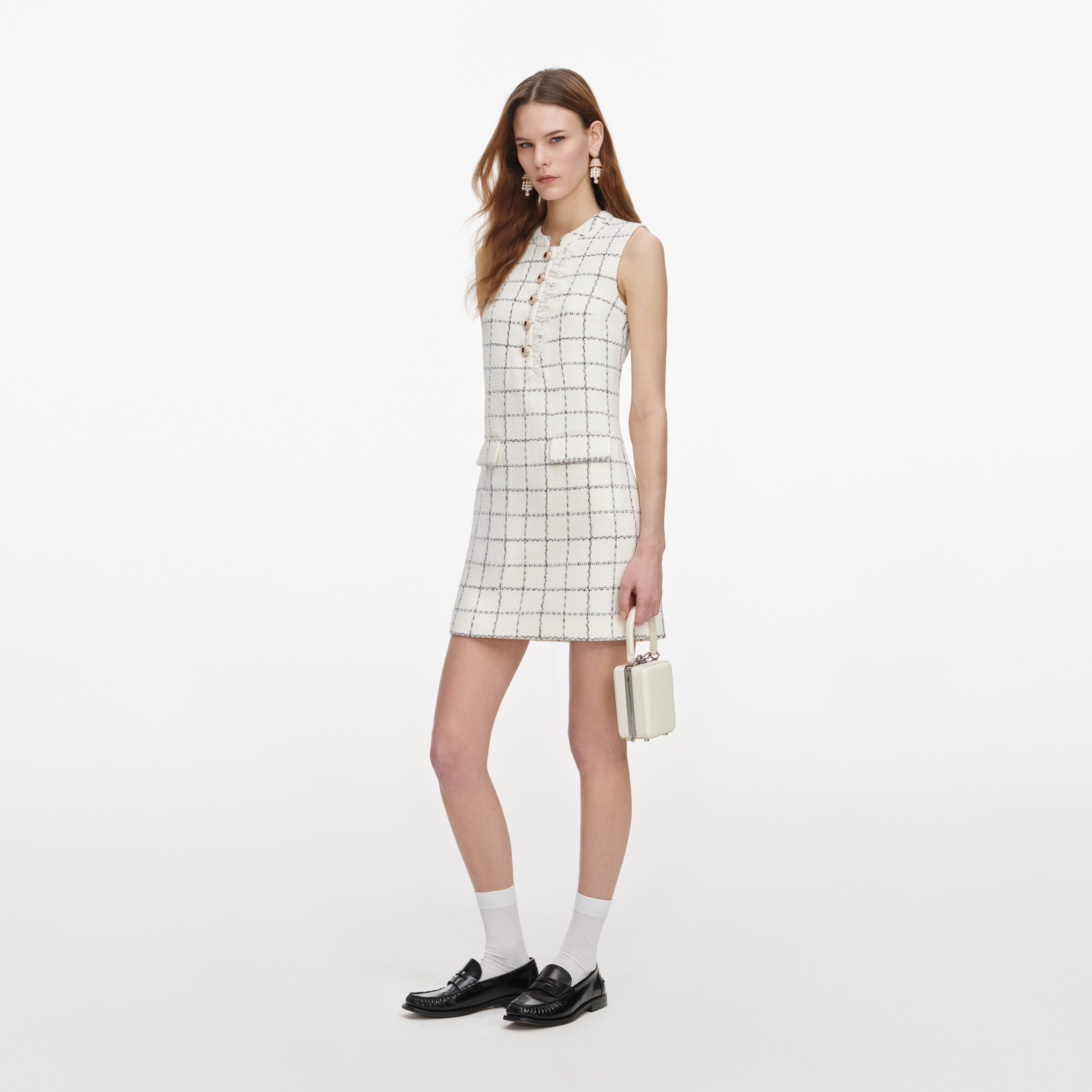 Check Boucle Lace Trim Mini Dress