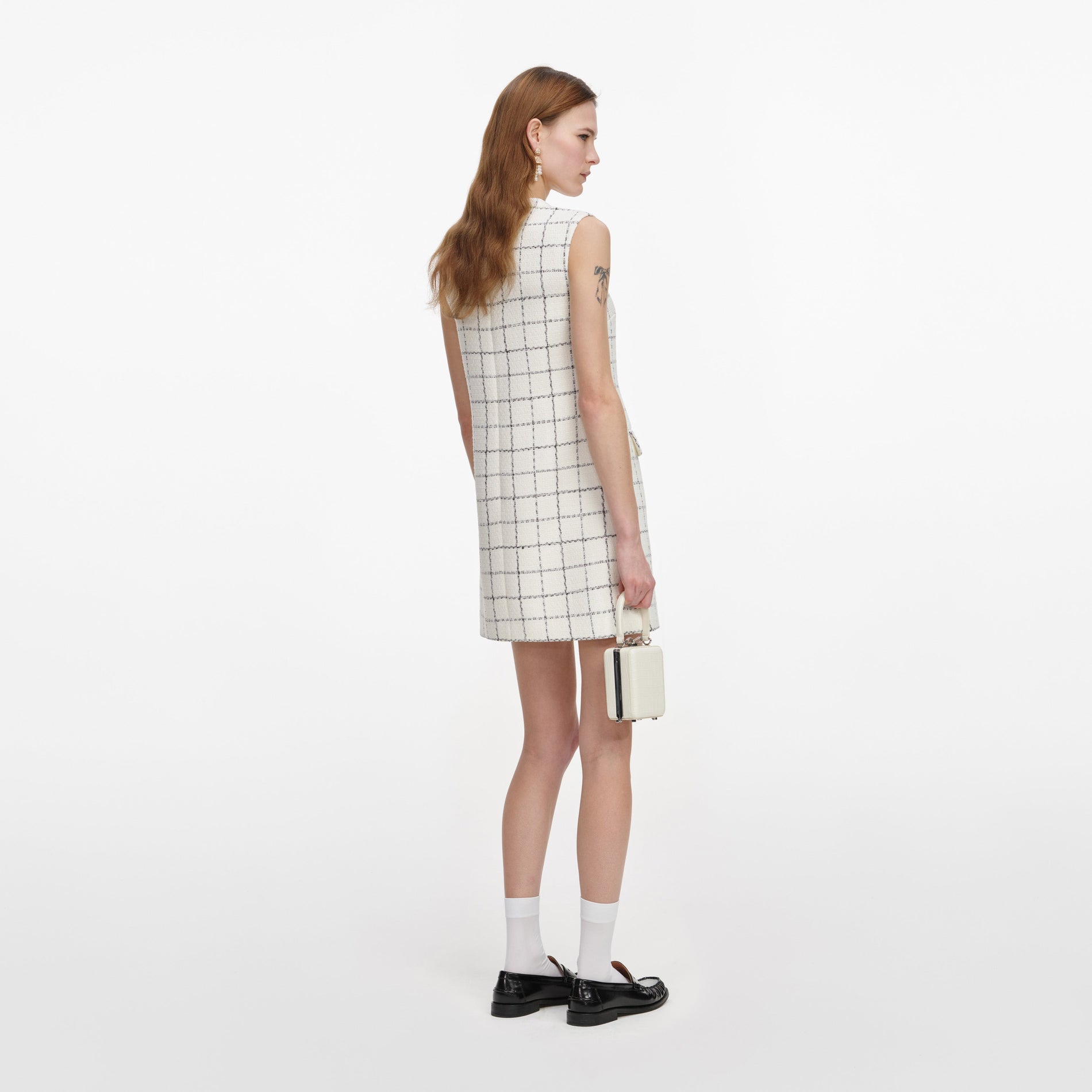 Back view of a woman wearing the Check Boucle Lace Trim Mini Dress