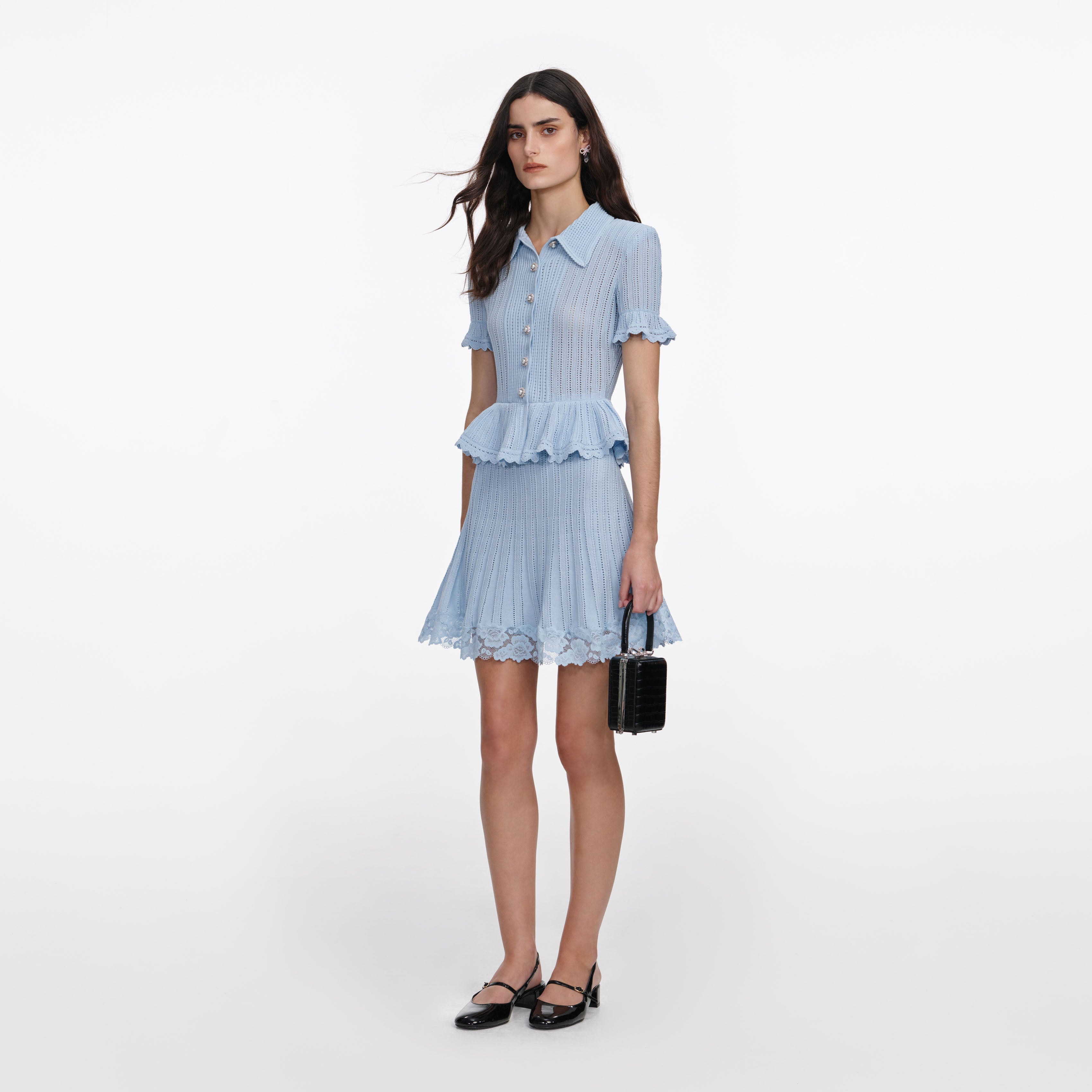 Blue Pointelle Peplum Knit Mini Dress