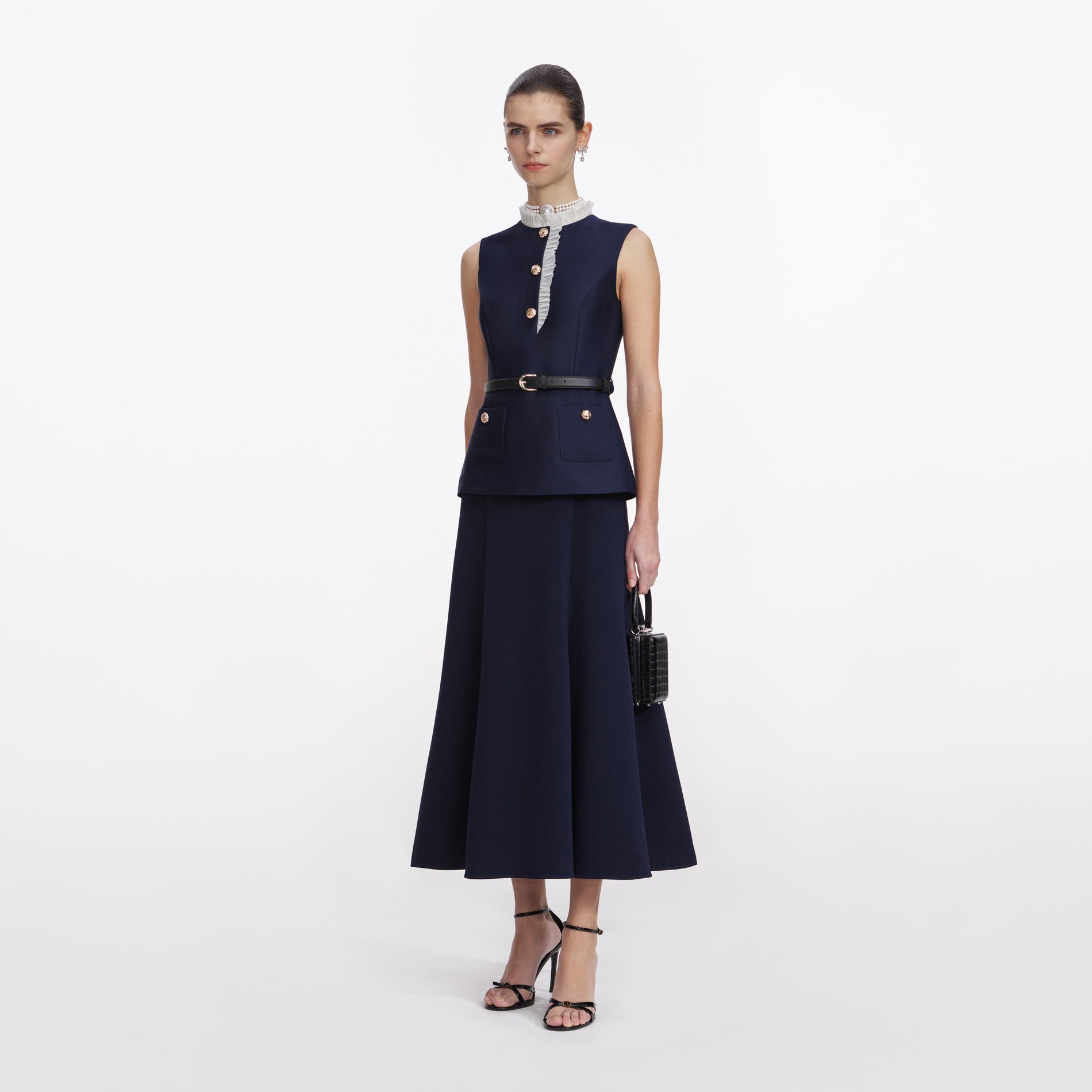 Navy Taffeta Contrast Frill Midi Dress