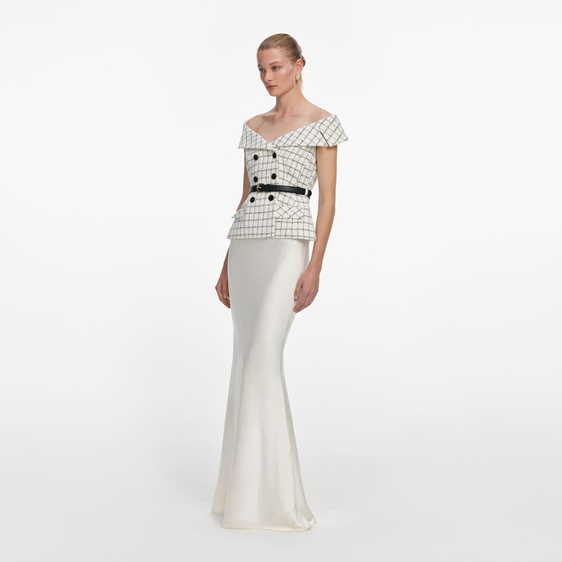 Side view of a woman wearing the Check Boucle Satin Maxi Dress