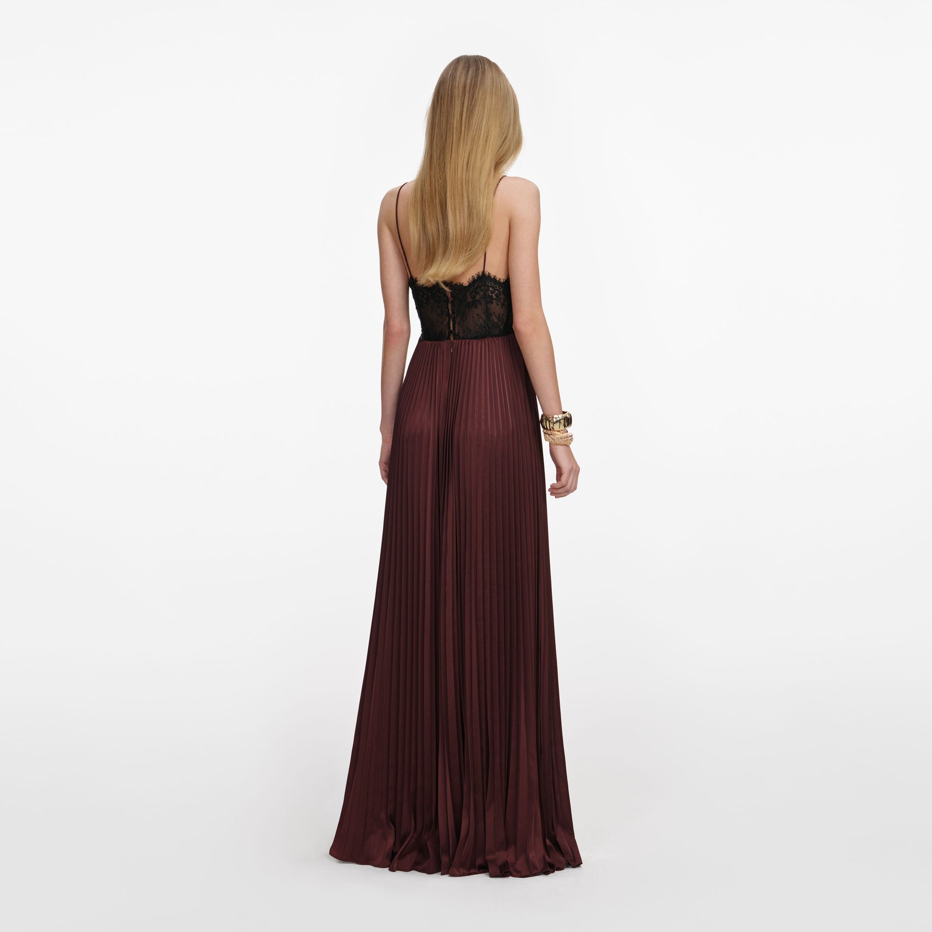 Back view of a woman wearing the Brown Satin Lace Insert Maxi Dress